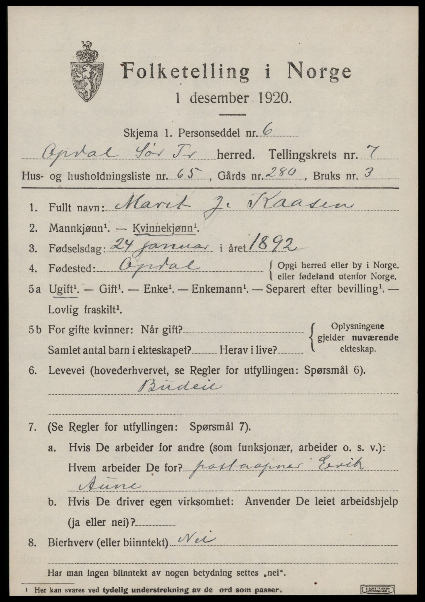 SAT, 1920 census for Oppdal, 1920, p. 6485