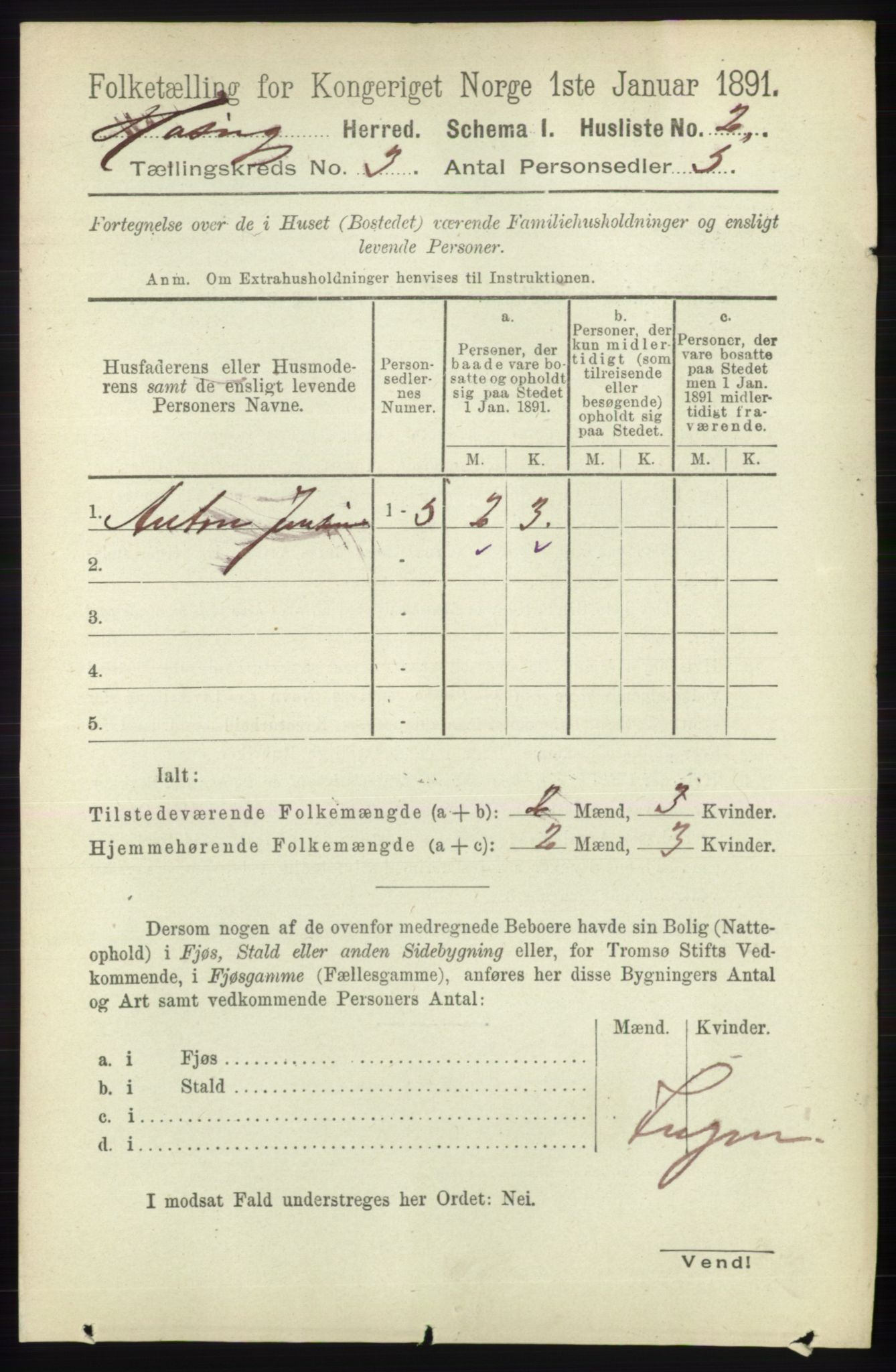 RA, 1891 census for 2015 Hasvik, 1891, p. 390