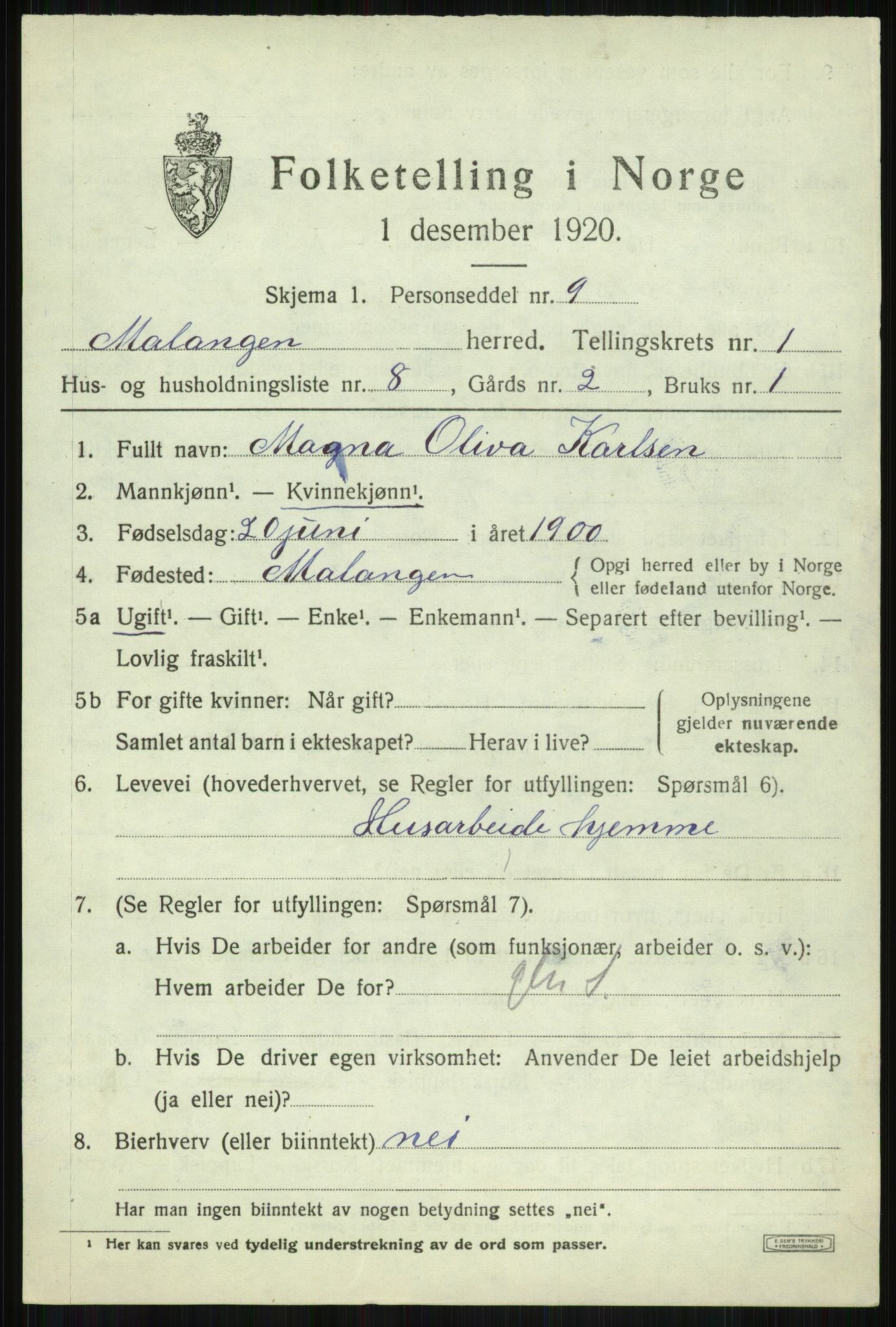 SATØ, 1920 census for Malangen, 1920, p. 798