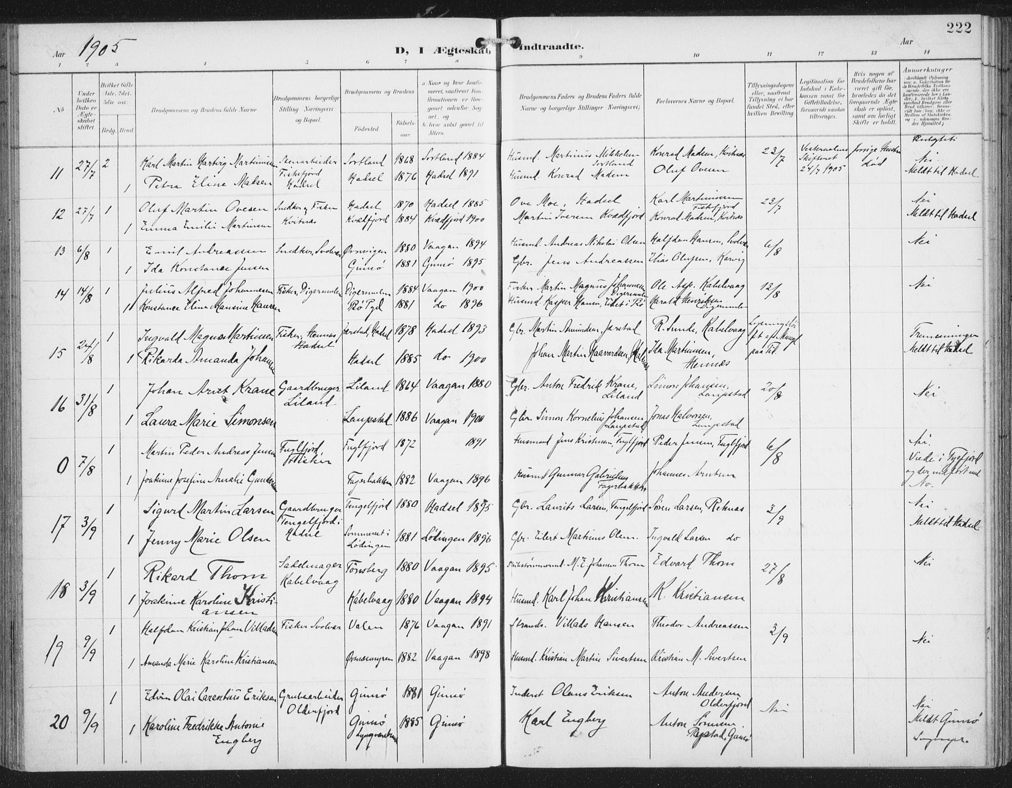 Ministerialprotokoller, klokkerbøker og fødselsregistre - Nordland, AV/SAT-A-1459/874/L1062: Parish register (official) no. 874A06, 1899-1907, p. 222