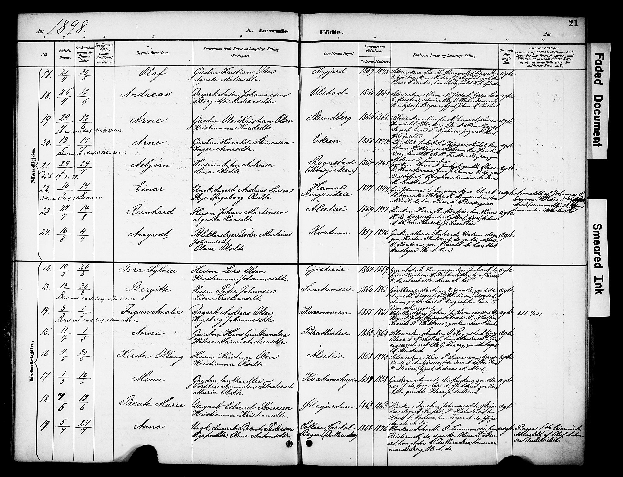 Biri prestekontor, SAH/PREST-096/H/Ha/Haa/L0008: Parish register (official) no. 8, 1894-1901, p. 21