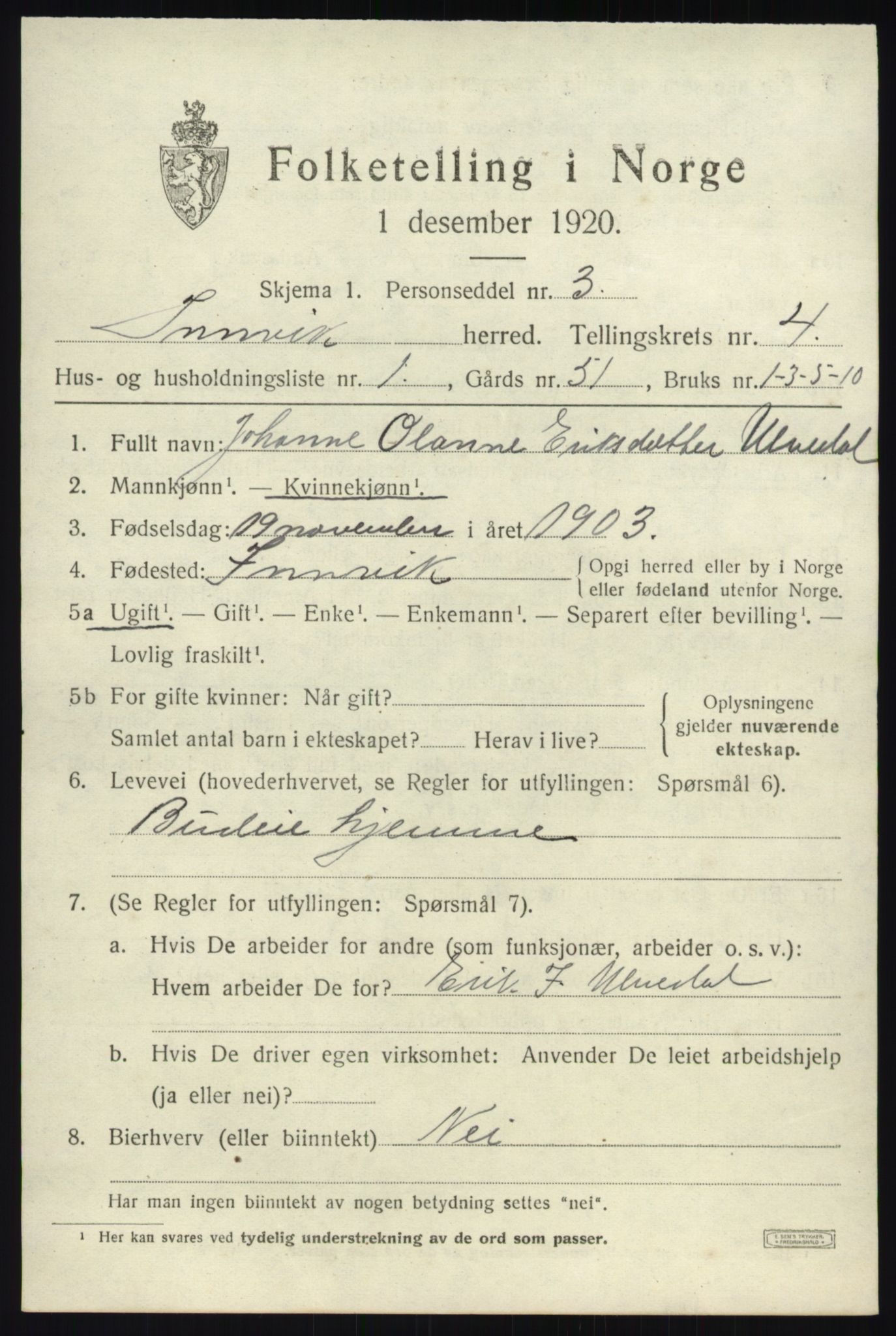 SAB, 1920 census for Innvik, 1920, p. 2177