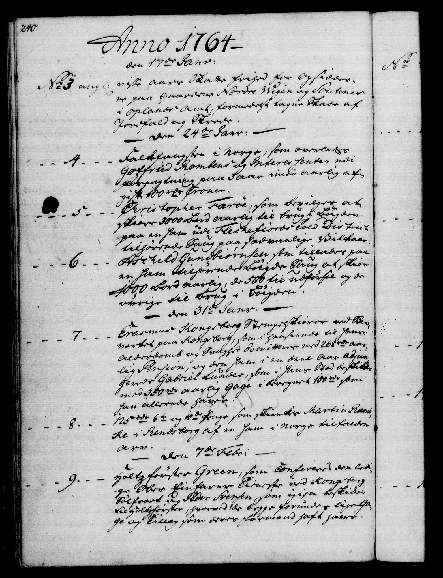 Rentekammeret, Kammerkanselliet, RA/EA-3111/G/Gf/Gfb/L0006: Register til norske relasjons- og resolusjonsprotokoller (merket RK 52.101), 1755-1765, p. 240