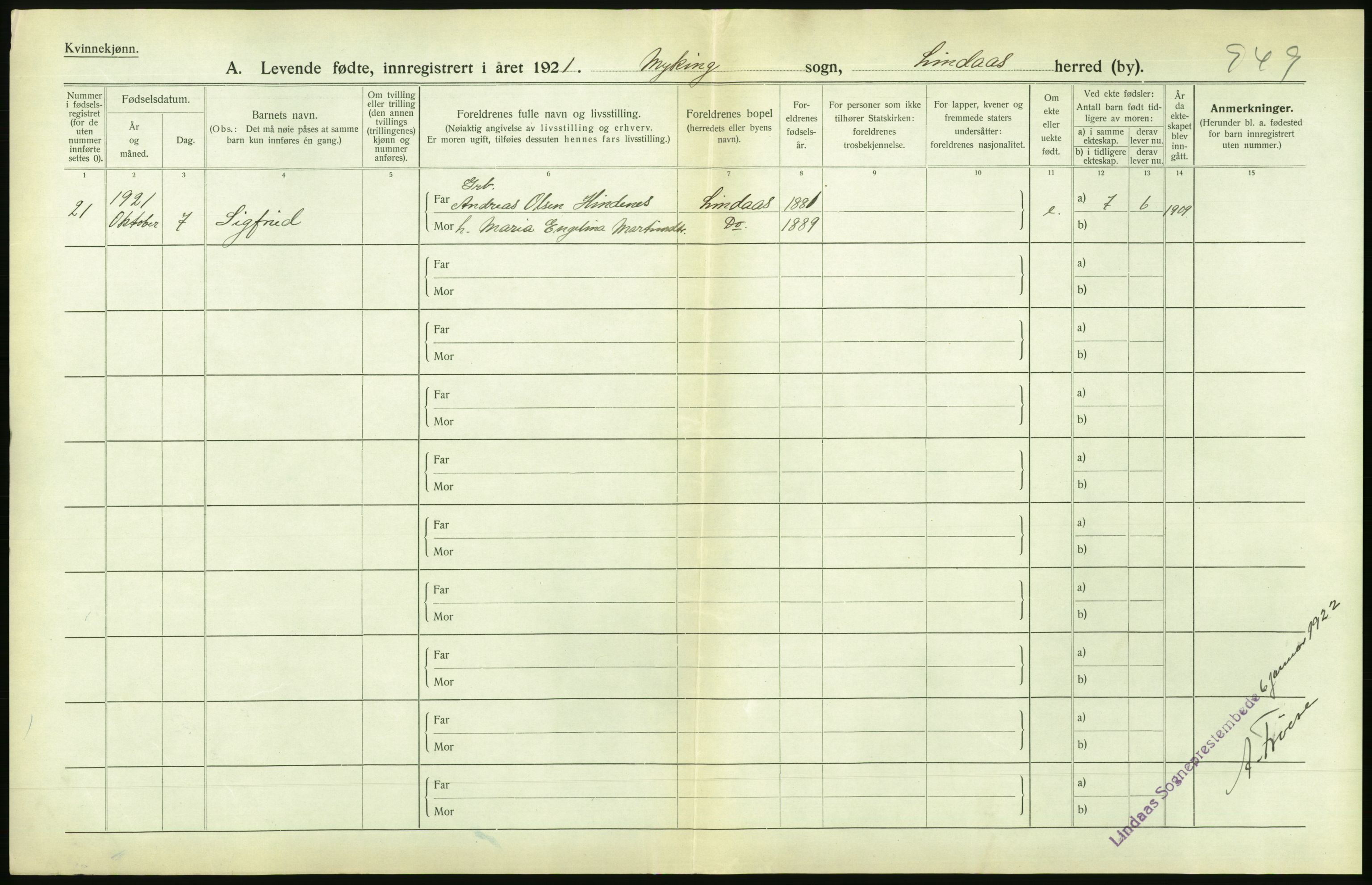 Statistisk sentralbyrå, Sosiodemografiske emner, Befolkning, AV/RA-S-2228/D/Df/Dfc/Dfca/L0031: Hordaland fylke: Levendefødte menn og kvinner. Bygder., 1921, p. 58