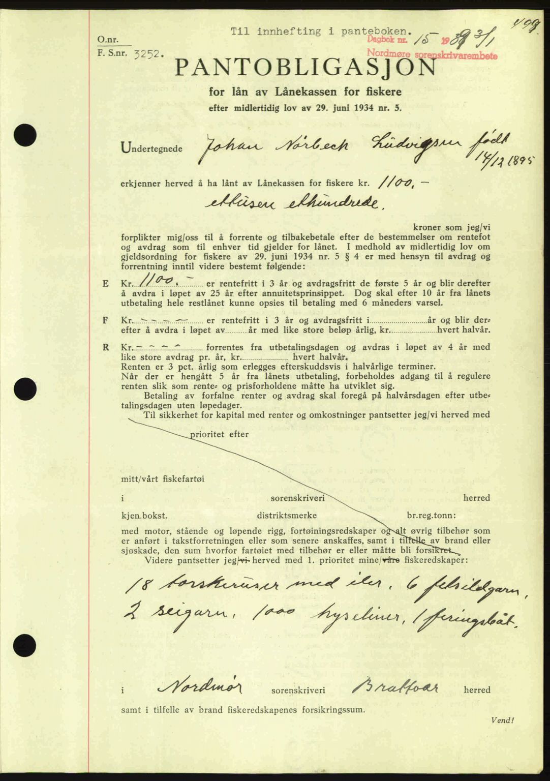 Nordmøre sorenskriveri, SAT/A-4132/1/2/2Ca: Mortgage book no. B84, 1938-1939, Diary no: : 15/1939