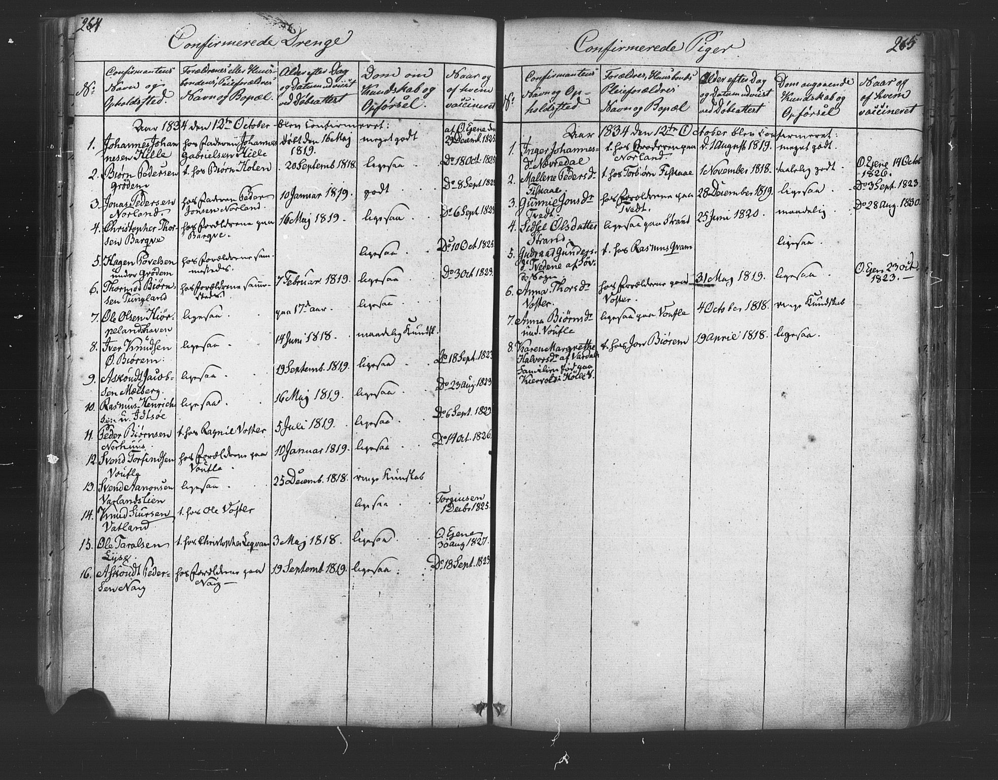 Strand sokneprestkontor, SAST/A-101828/H/Ha/Haa/L0006: Parish register (official) no. A 6, 1834-1854, p. 264-265