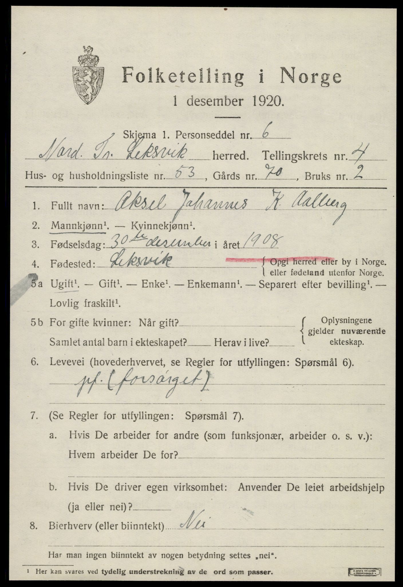 SAT, 1920 census for Leksvik, 1920, p. 4198