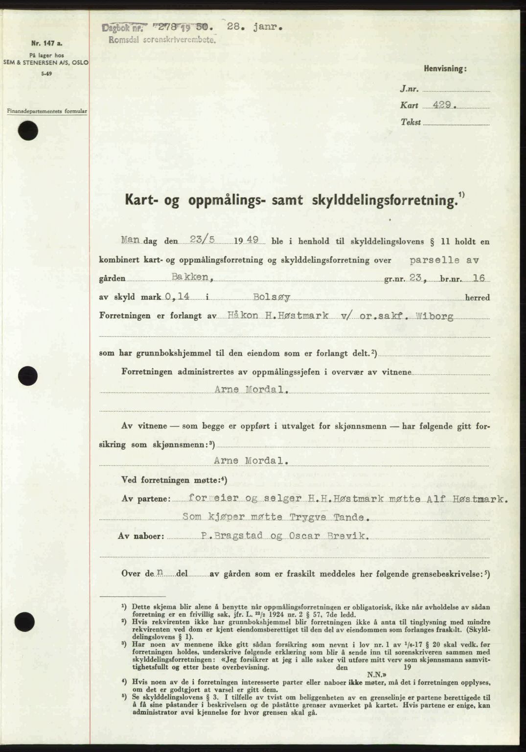 Romsdal sorenskriveri, AV/SAT-A-4149/1/2/2C: Mortgage book no. A32, 1950-1950, Diary no: : 278/1950