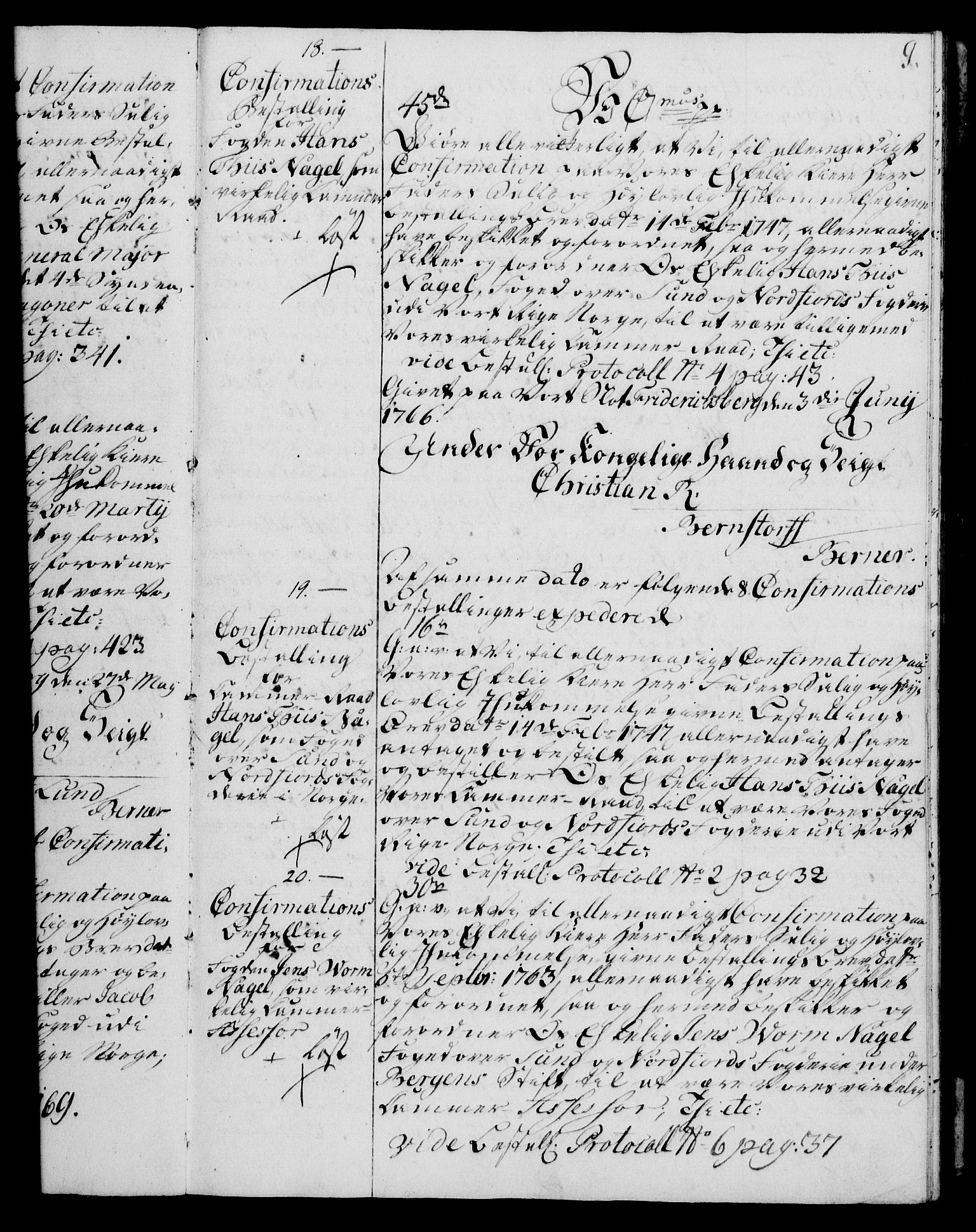 Rentekammeret, Kammerkanselliet, AV/RA-EA-3111/G/Gg/Ggg/L0003: Norsk konfirmasjonsbestallingsprotokoll med register (merket RK 53.33), 1766-1772, p. 9