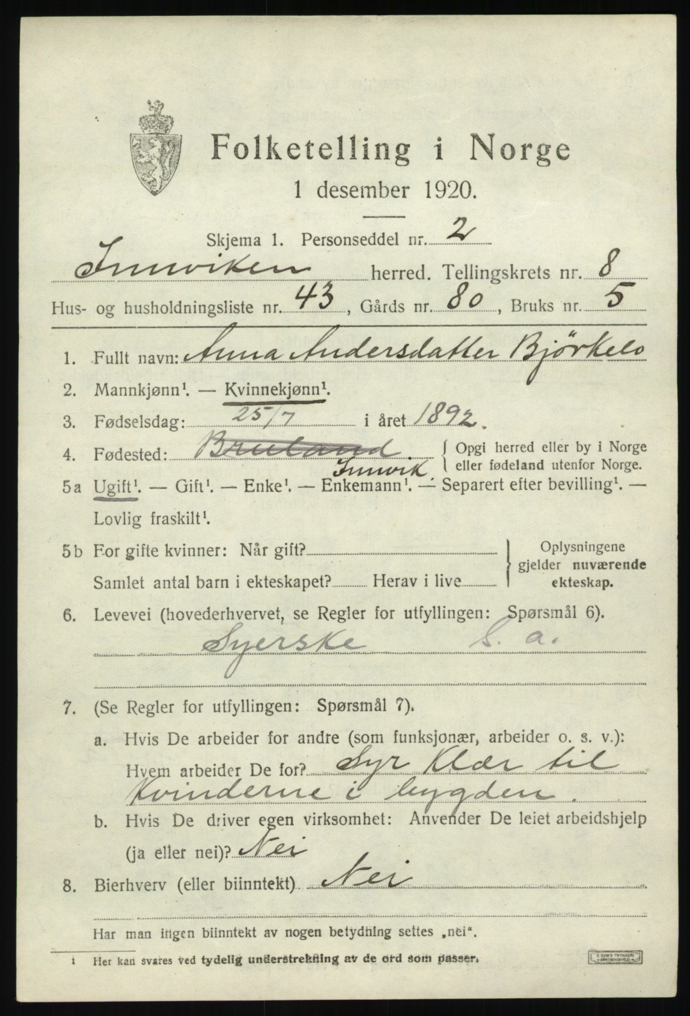 SAB, 1920 census for Innvik, 1920, p. 3893