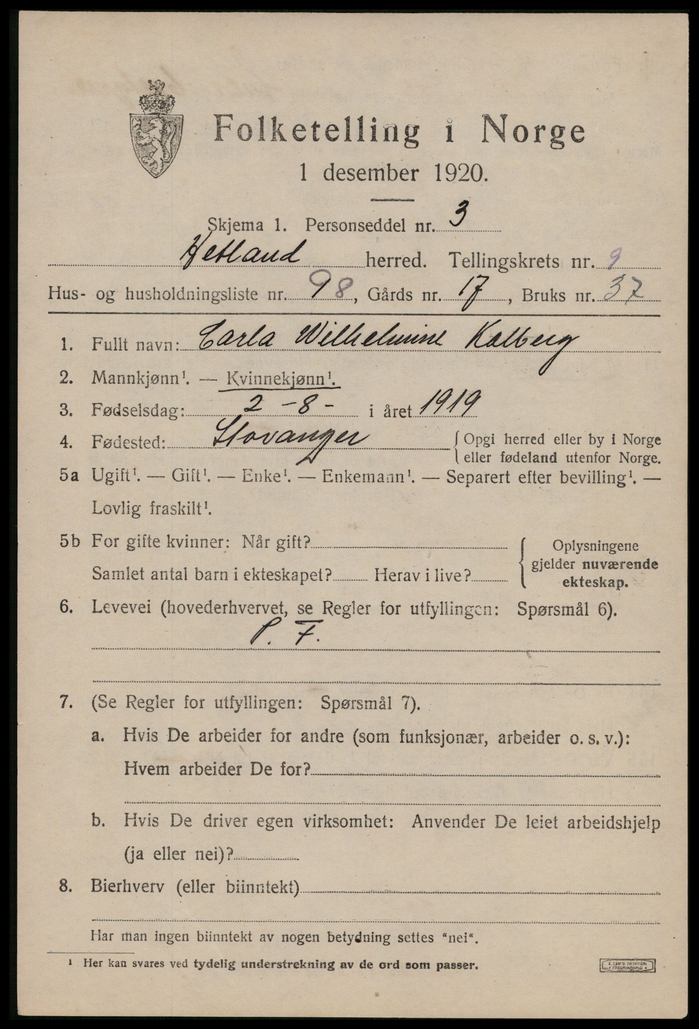 SAST, 1920 census for Hetland, 1920, p. 18903