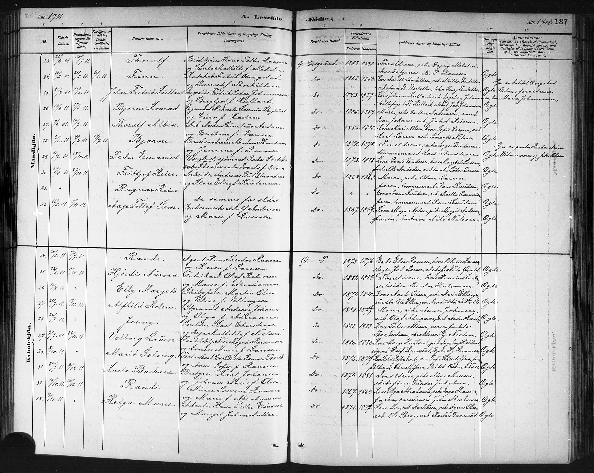 Porsgrunn kirkebøker , SAKO/A-104/G/Gb/L0005: Parish register (copy) no. II 5, 1883-1915, p. 187