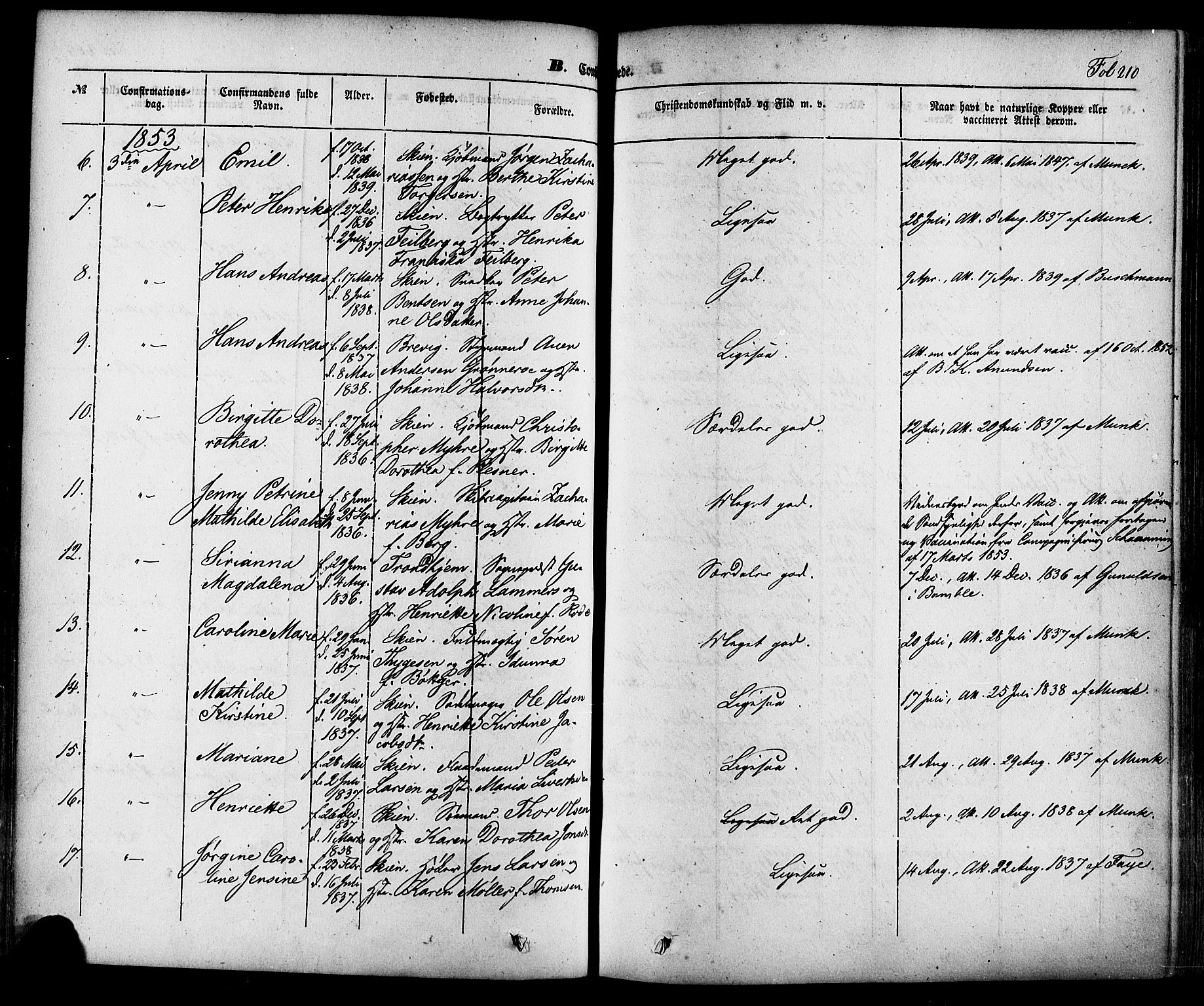 Skien kirkebøker, AV/SAKO-A-302/F/Fa/L0006a: Parish register (official) no. 6A, 1843-1856, p. 210