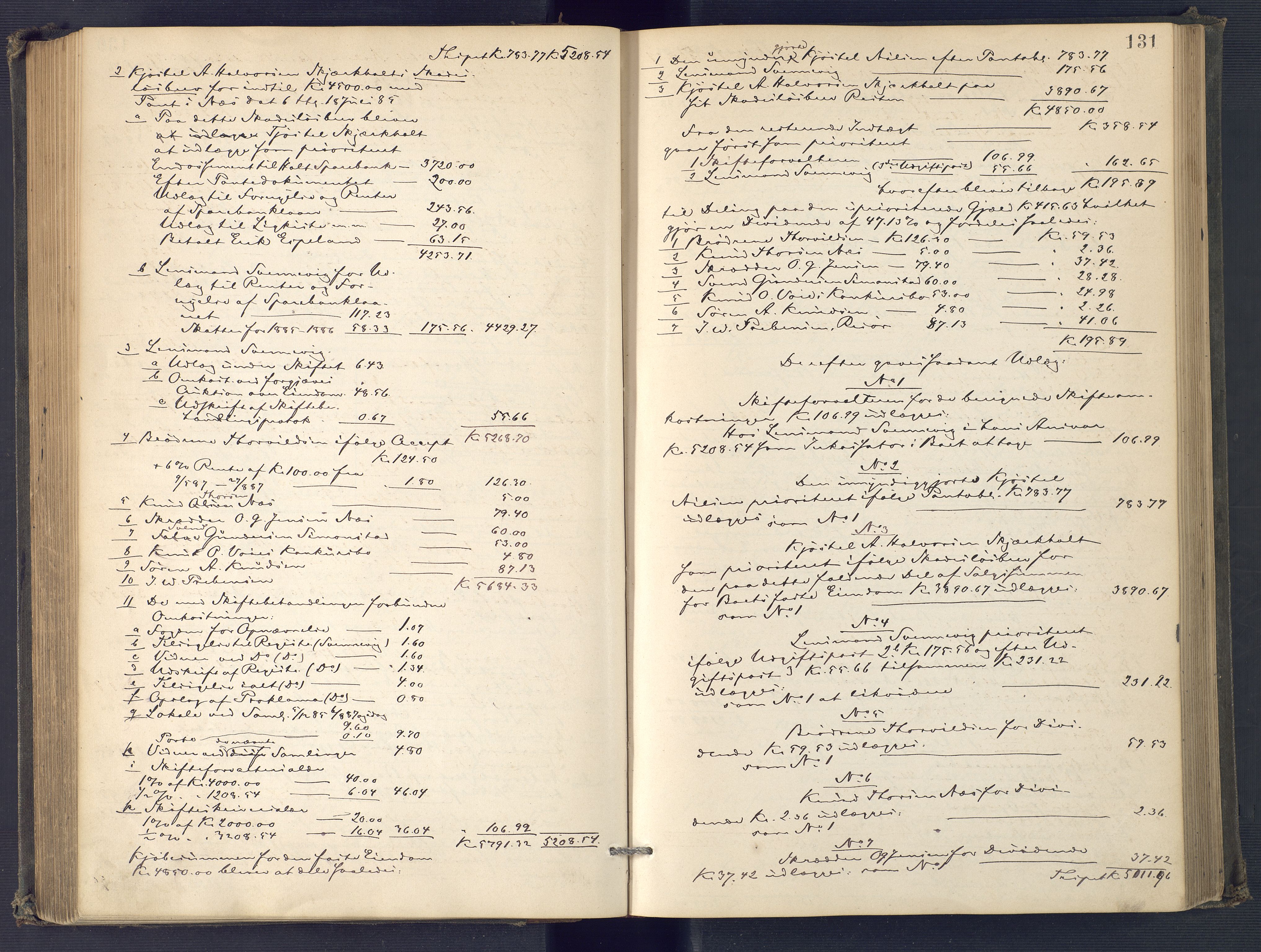 Holt sorenskriveri, AV/SAK-1221-0002/H/Hc/L0034: Skifteutlodningsprotokoll nr. 9, 1884-1890, p. 130b-131a