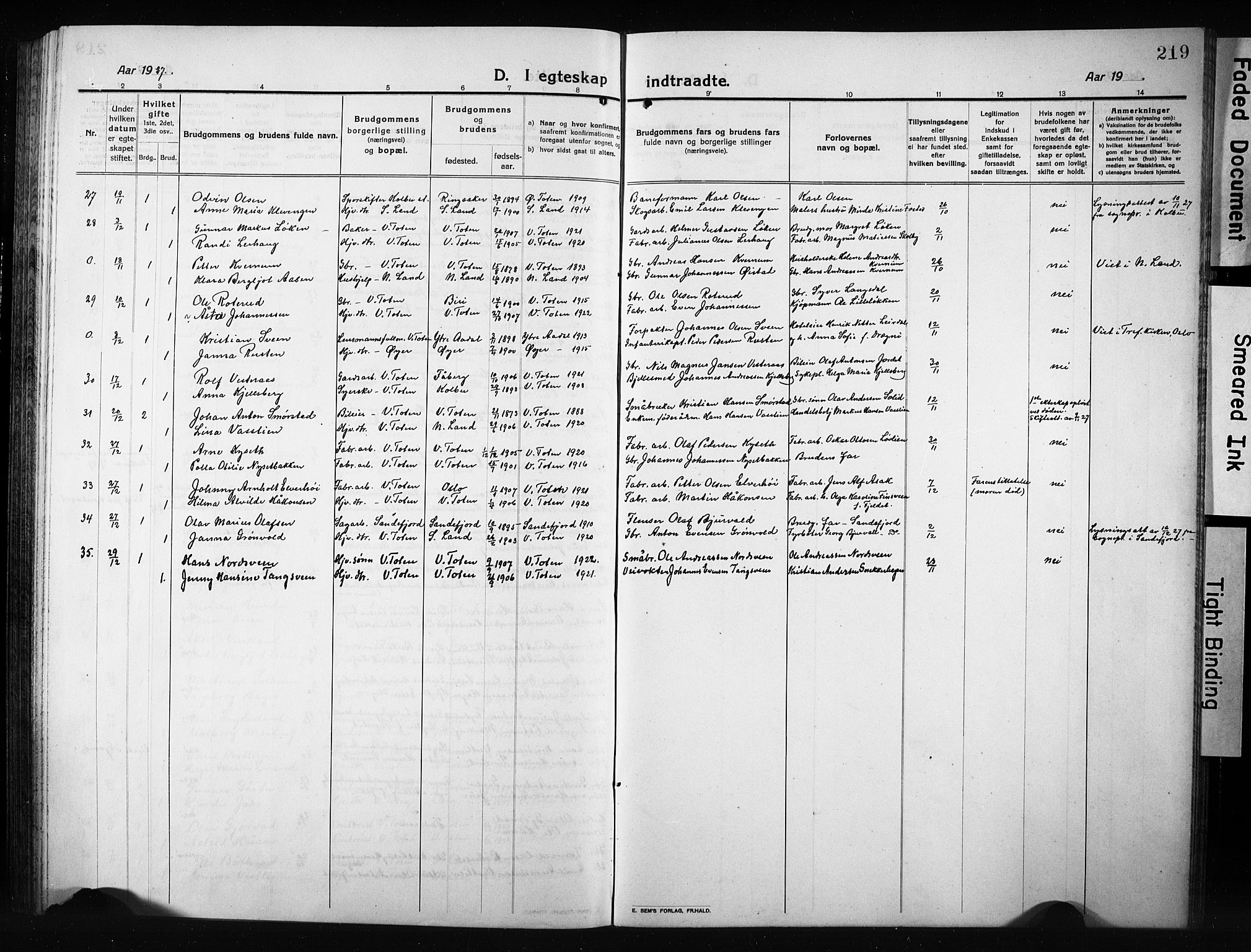 Vestre Toten prestekontor, AV/SAH-PREST-108/H/Ha/Hab/L0012: Parish register (copy) no. 12, 1909-1928, p. 219