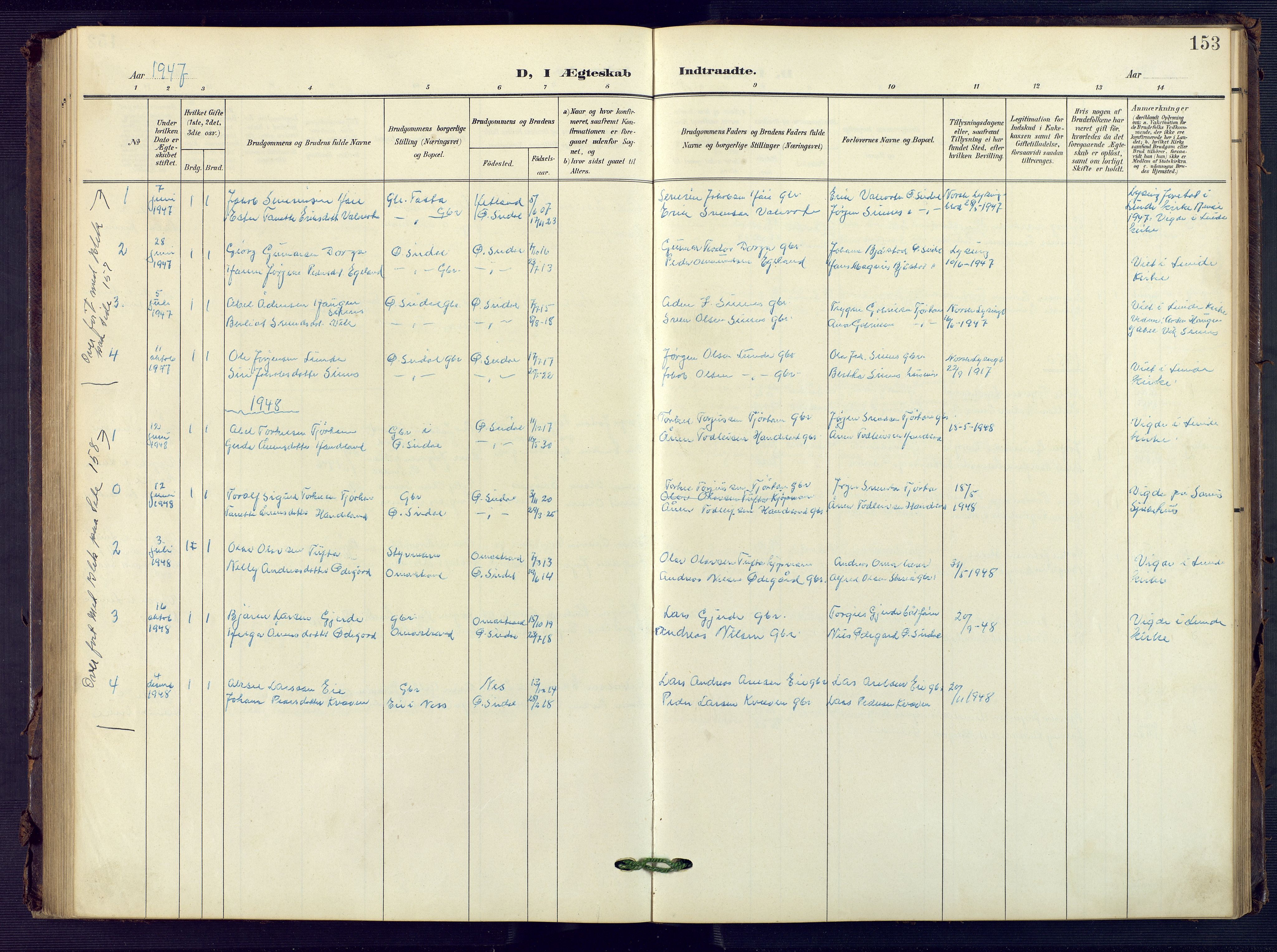 Sirdal sokneprestkontor, SAK/1111-0036/F/Fb/Fba/L0002: Parish register (copy) no. B 2, 1905-1958, p. 153