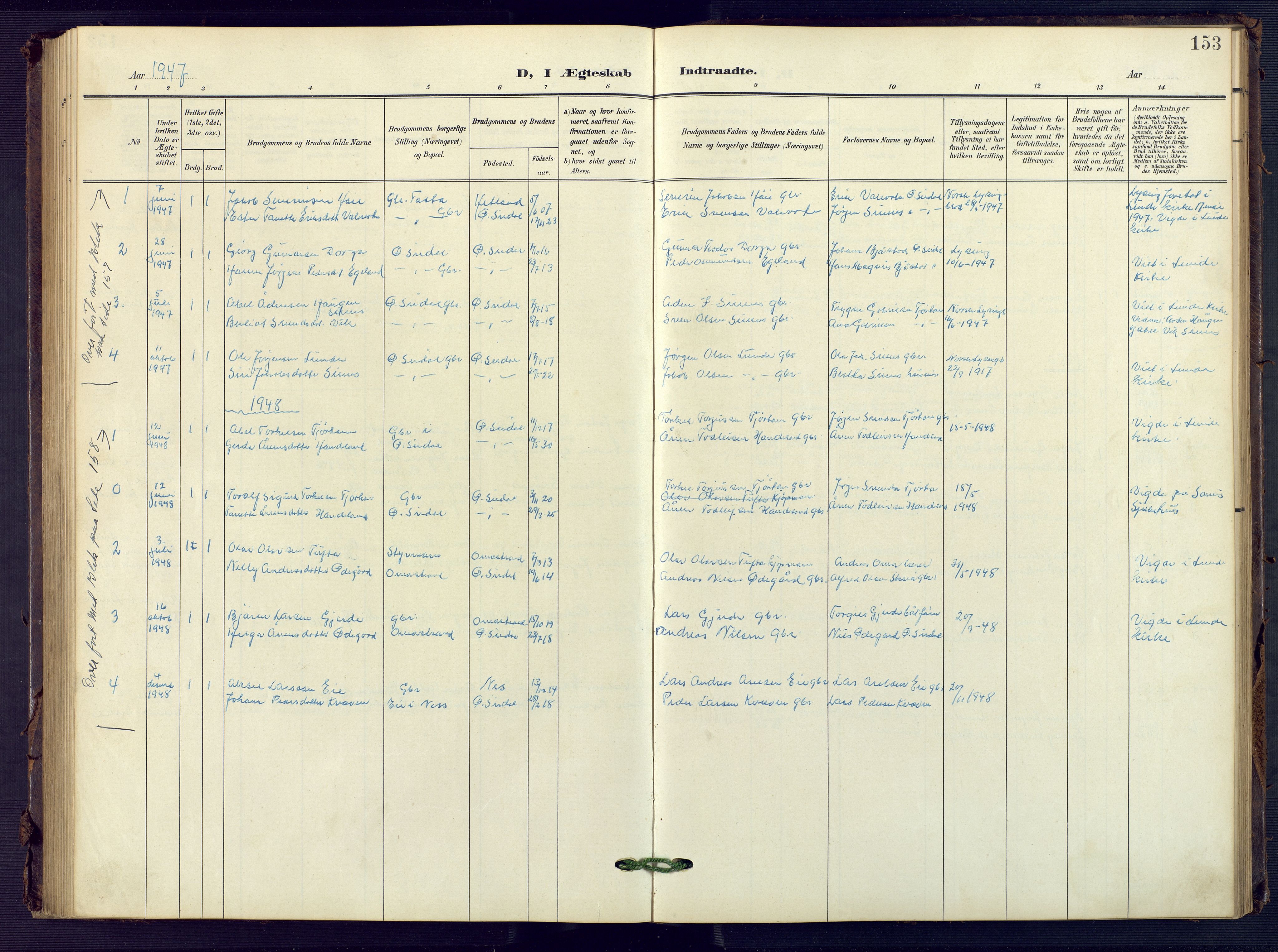 Sirdal sokneprestkontor, AV/SAK-1111-0036/F/Fb/Fba/L0002: Parish register (copy) no. B 2, 1905-1958, p. 153