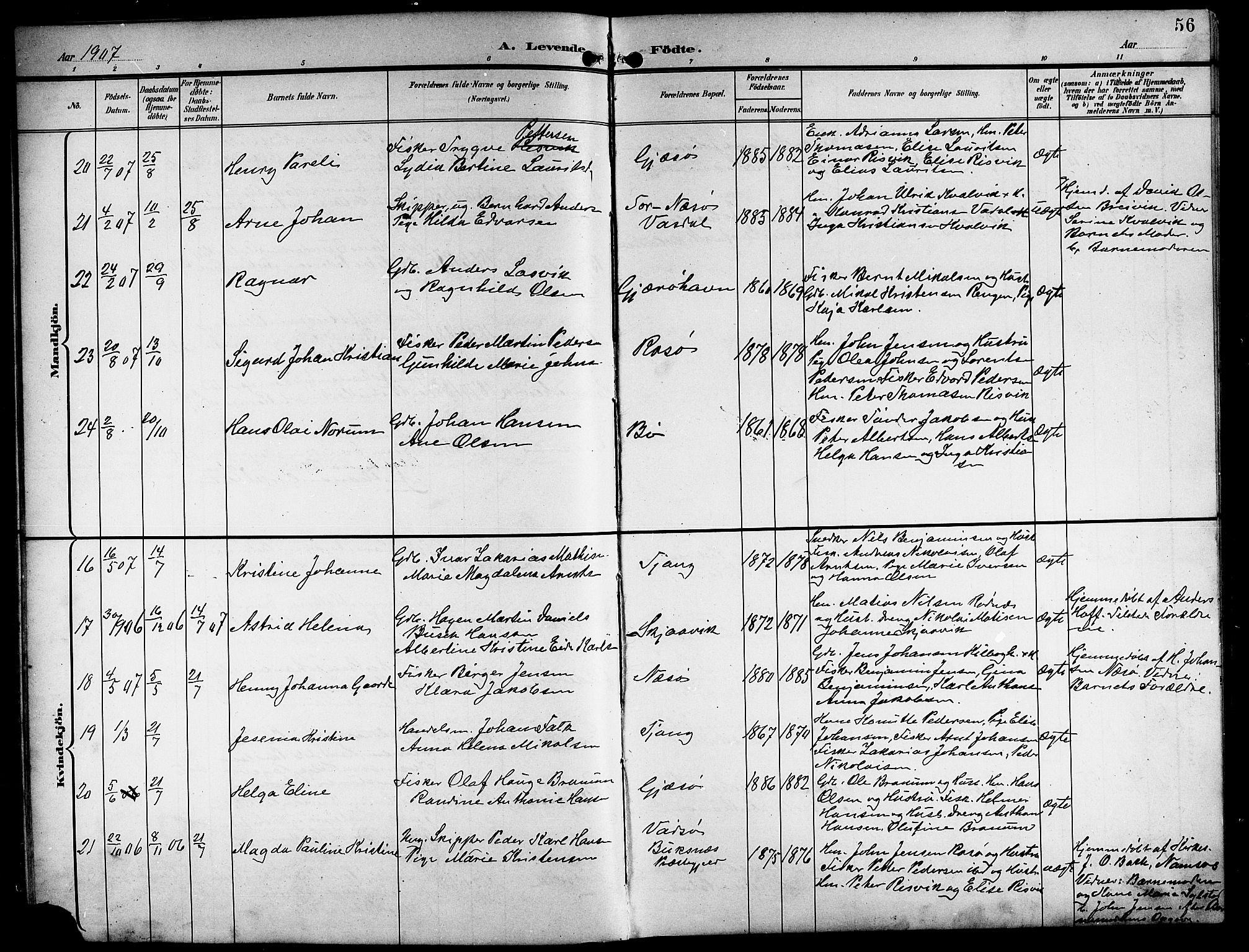 Ministerialprotokoller, klokkerbøker og fødselsregistre - Nordland, AV/SAT-A-1459/841/L0621: Parish register (copy) no. 841C05, 1897-1923, p. 56