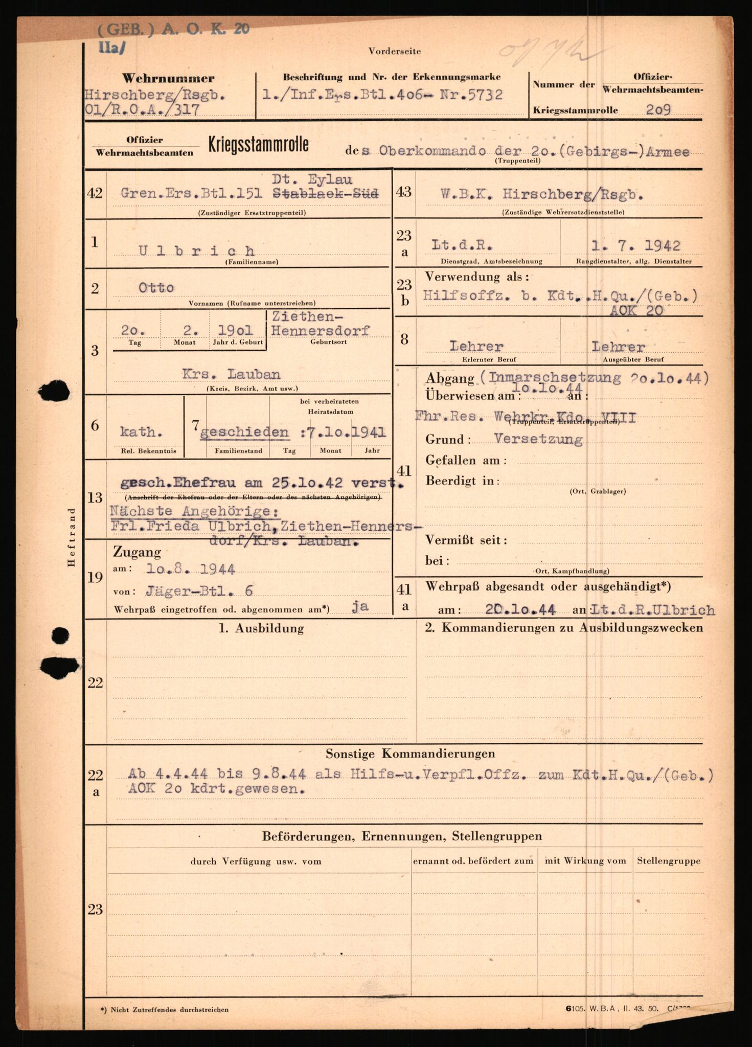 Forsvarets Overkommando. 2 kontor. Arkiv 11.4. Spredte tyske arkivsaker, AV/RA-RAFA-7031/D/Dar/Dara/L0019: Personalbøker og diverse, 1940-1945, p. 496
