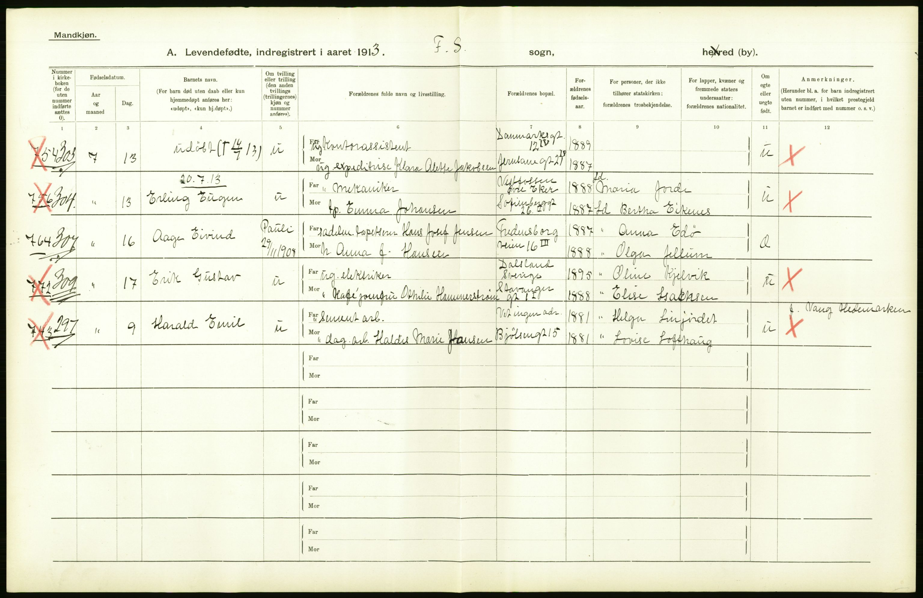 Statistisk sentralbyrå, Sosiodemografiske emner, Befolkning, AV/RA-S-2228/D/Df/Dfb/Dfbc/L0007: Kristiania: Levendefødte menn og kvinner., 1913, p. 70