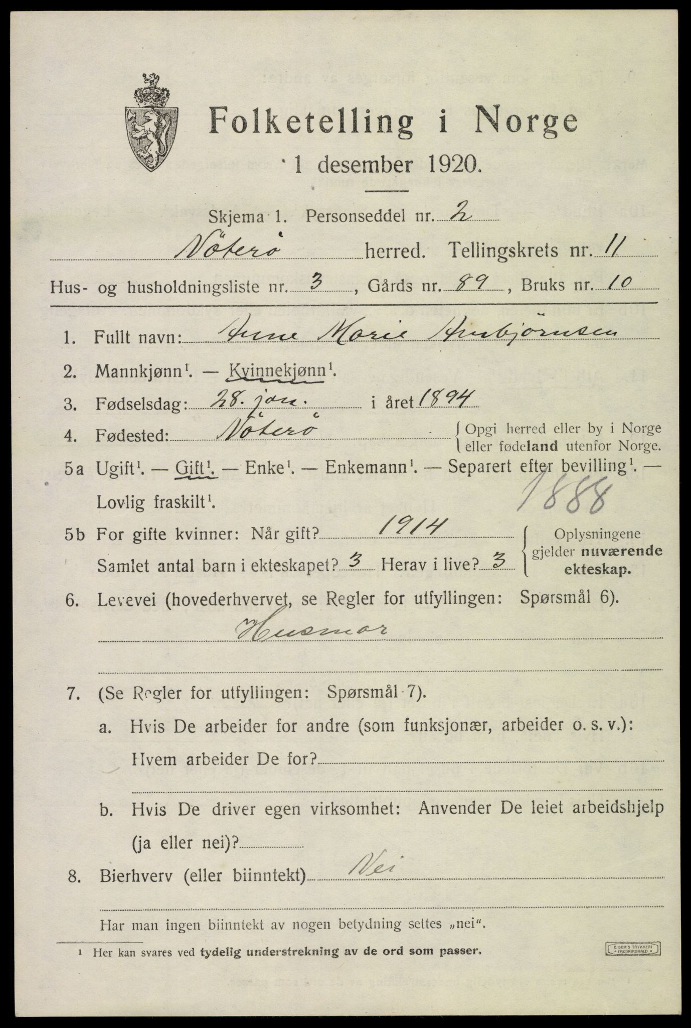 SAKO, 1920 census for Nøtterøy, 1920, p. 13589