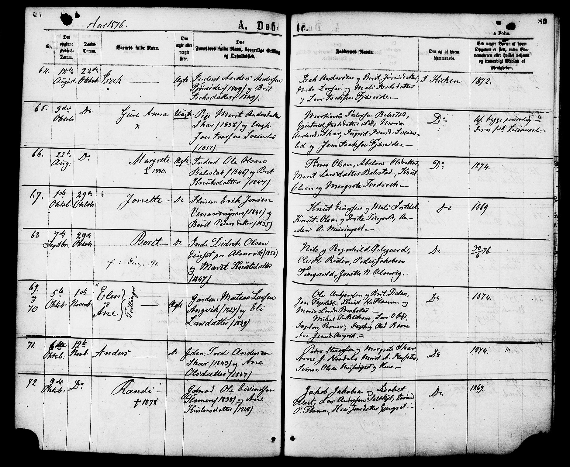 Ministerialprotokoller, klokkerbøker og fødselsregistre - Møre og Romsdal, SAT/A-1454/586/L0986: Parish register (official) no. 586A12, 1867-1878, p. 80