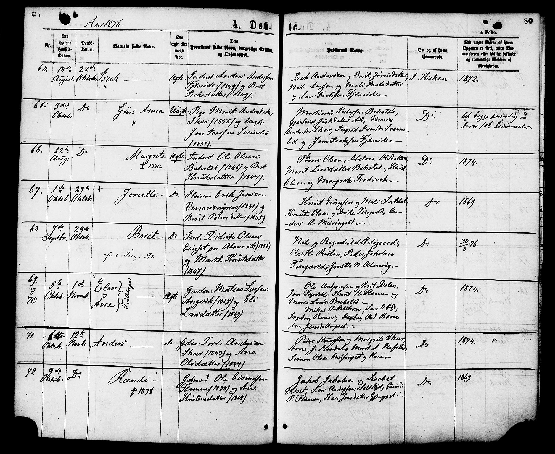 Ministerialprotokoller, klokkerbøker og fødselsregistre - Møre og Romsdal, AV/SAT-A-1454/586/L0986: Parish register (official) no. 586A12, 1867-1878, p. 80