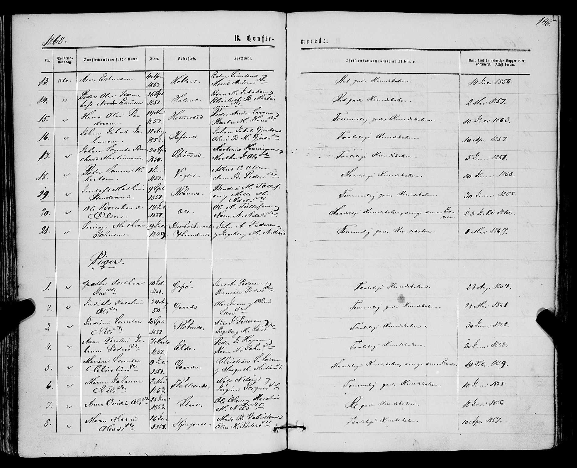 Kvæfjord sokneprestkontor, AV/SATØ-S-1323/G/Ga/Gaa/L0004kirke: Parish register (official) no. 4, 1857-1877, p. 146b