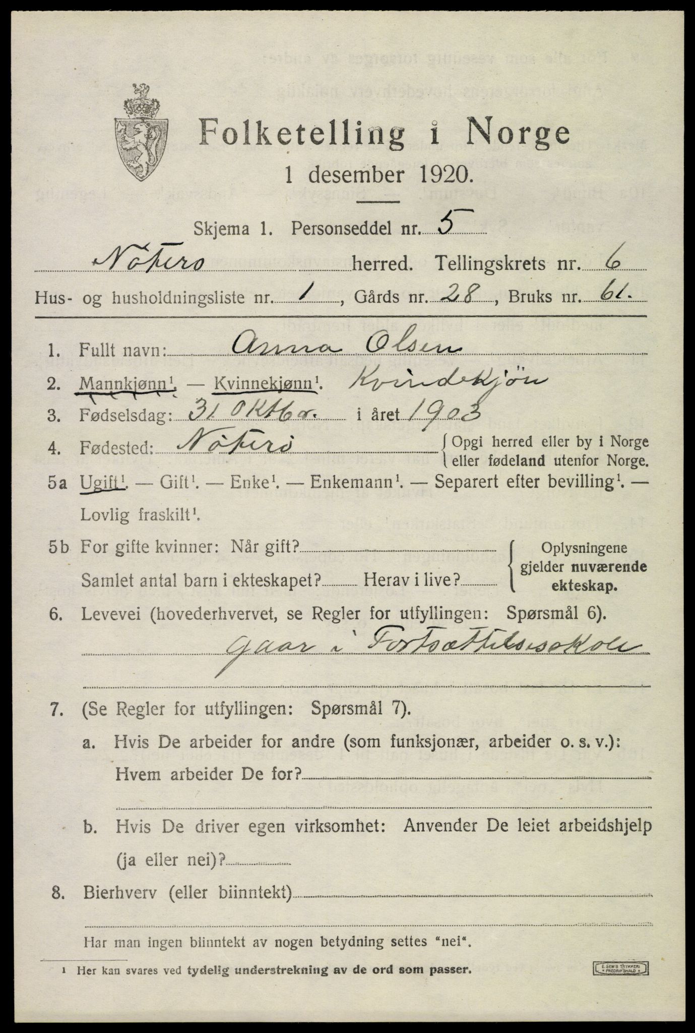 SAKO, 1920 census for Nøtterøy, 1920, p. 8441