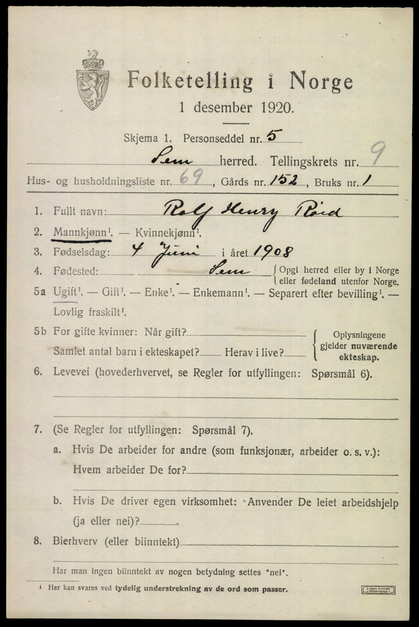 SAKO, 1920 census for Sem, 1920, p. 13369