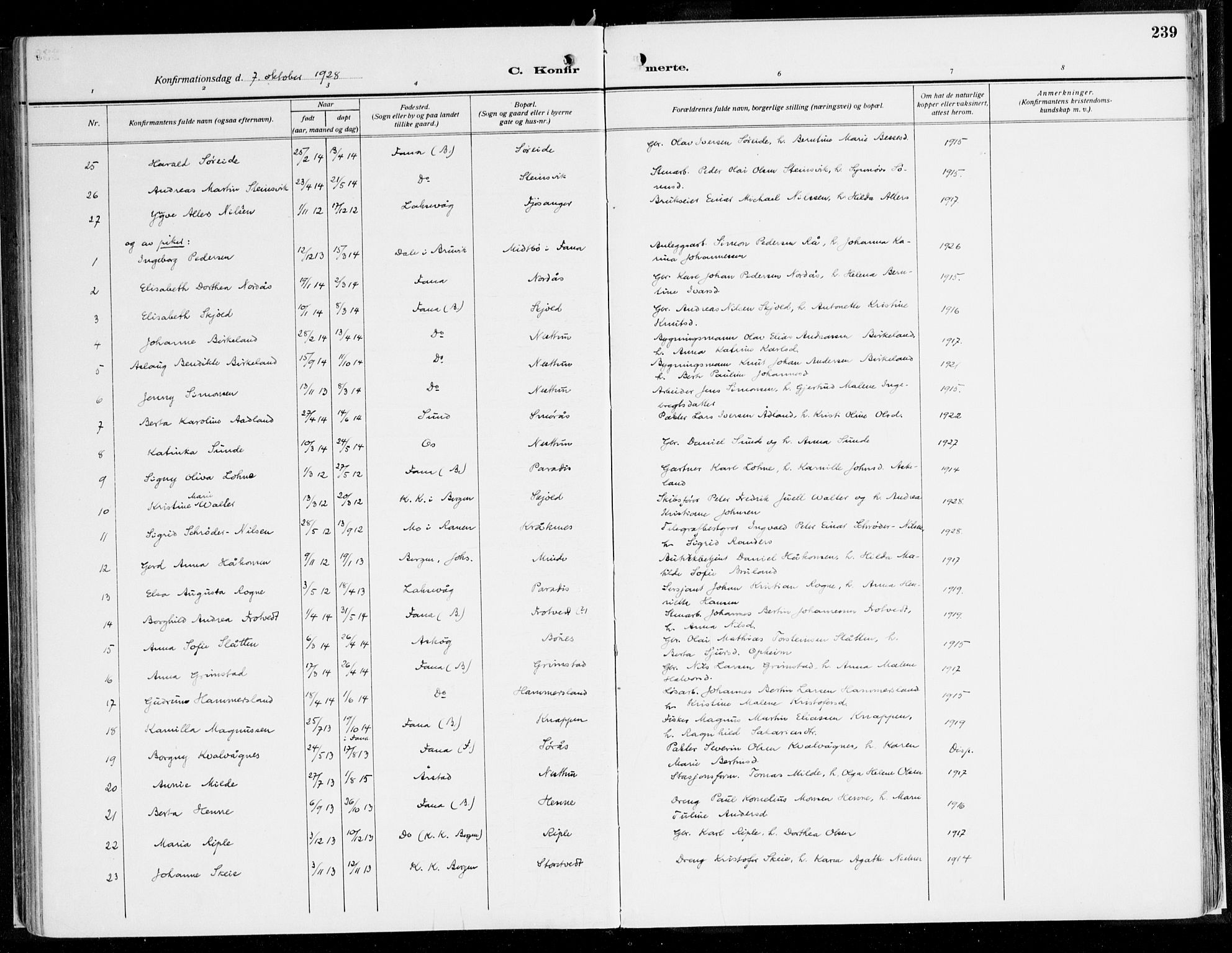 Fana Sokneprestembete, AV/SAB-A-75101/H/Haa/Haaj/L0001: Parish register (official) no. J 1, 1921-1935, p. 239