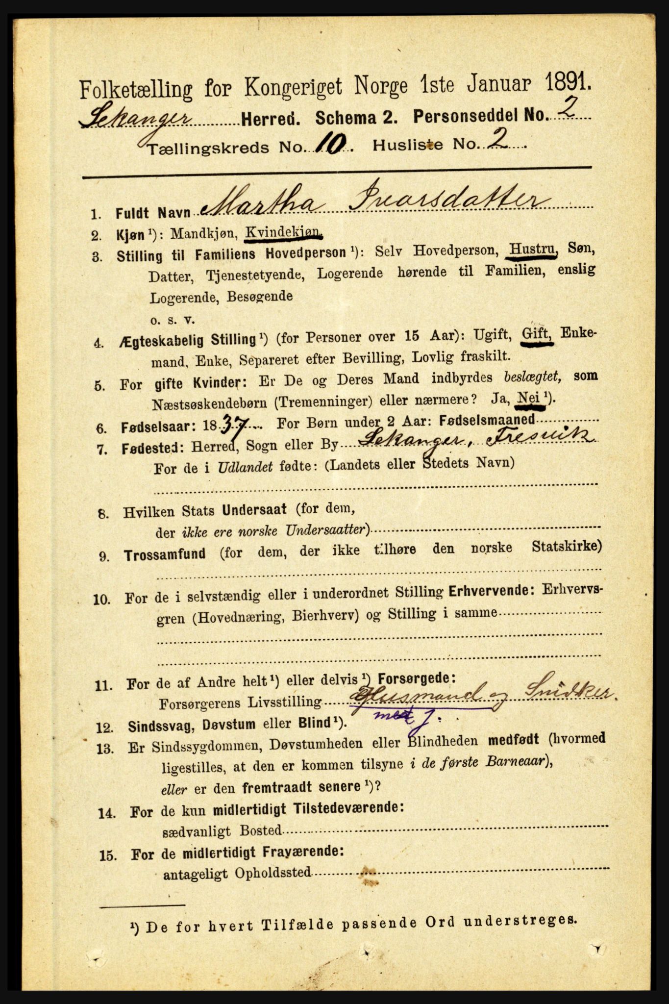 RA, 1891 census for 1419 Leikanger, 1891, p. 1822