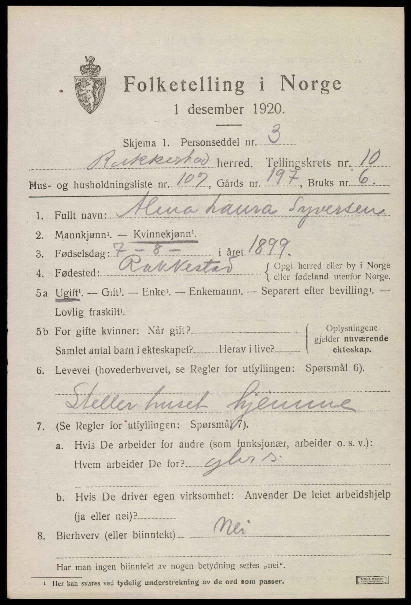 SAO, 1920 census for Rakkestad, 1920, p. 9853