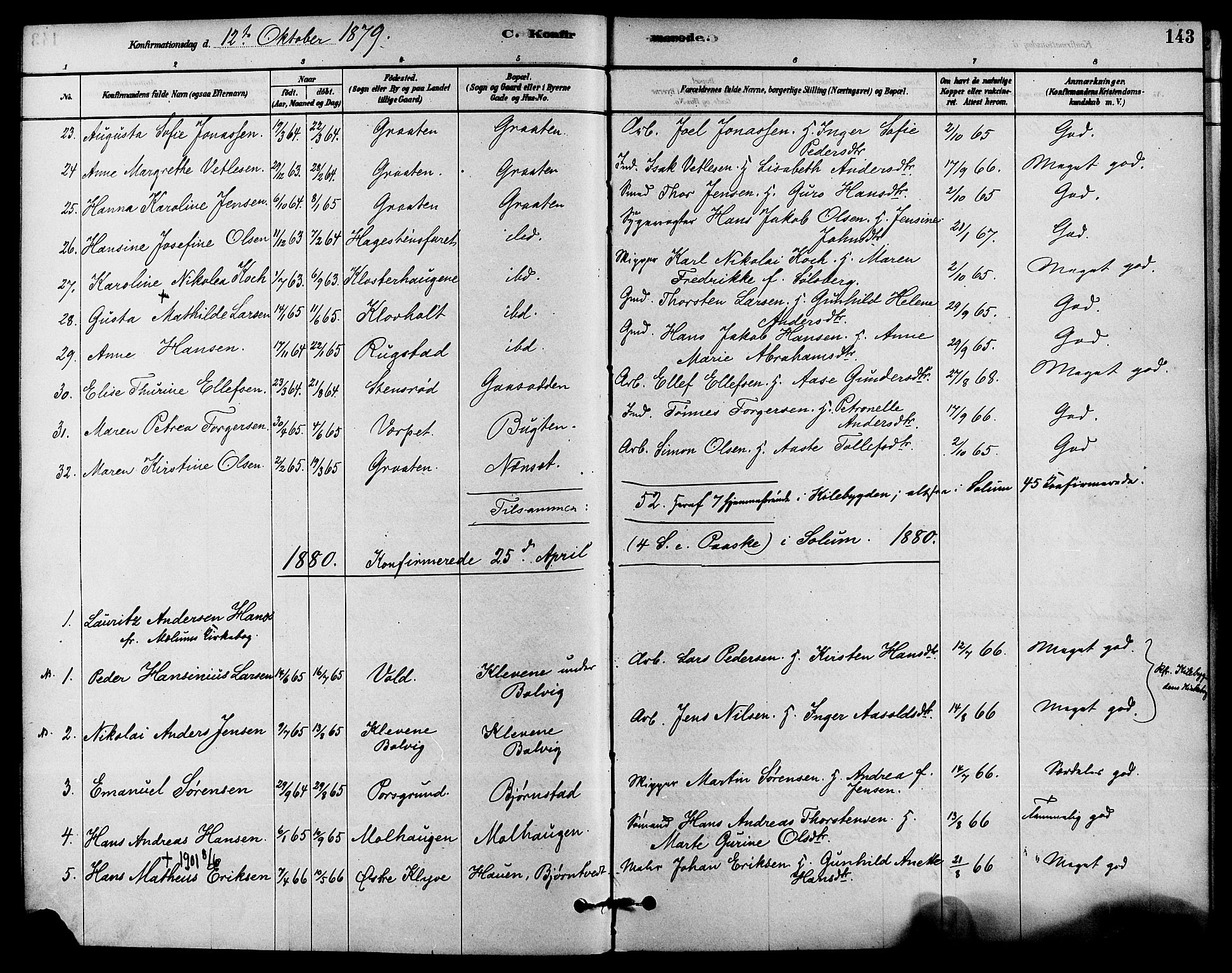 Solum kirkebøker, SAKO/A-306/F/Fa/L0009: Parish register (official) no. I 9, 1877-1887, p. 143