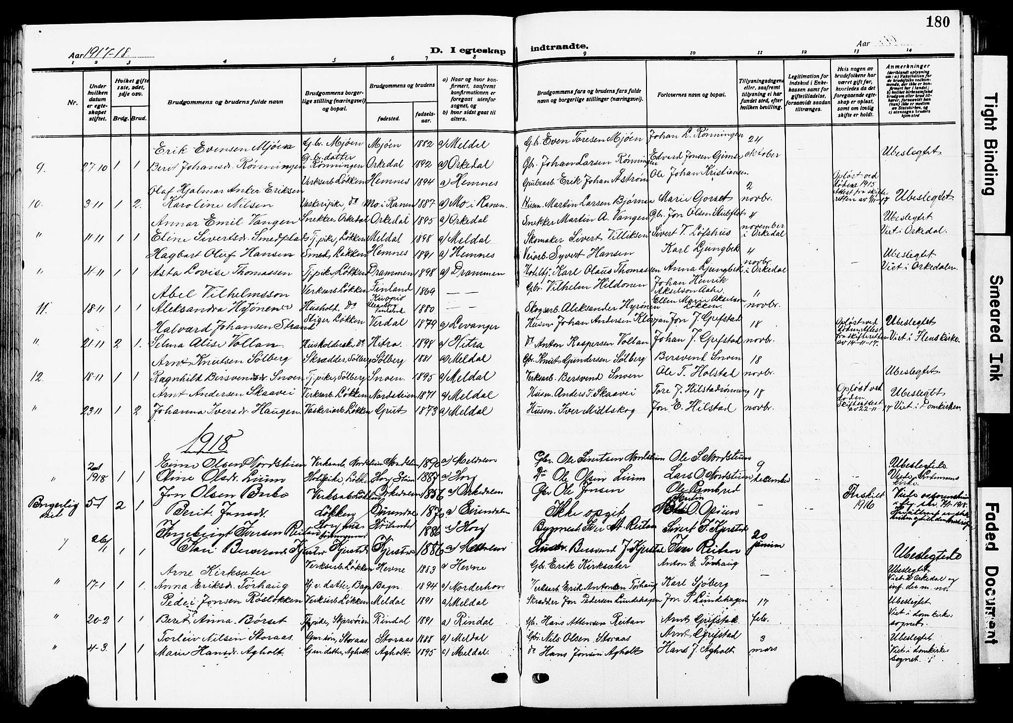 Ministerialprotokoller, klokkerbøker og fødselsregistre - Sør-Trøndelag, SAT/A-1456/672/L0865: Parish register (copy) no. 672C04, 1914-1928, p. 180
