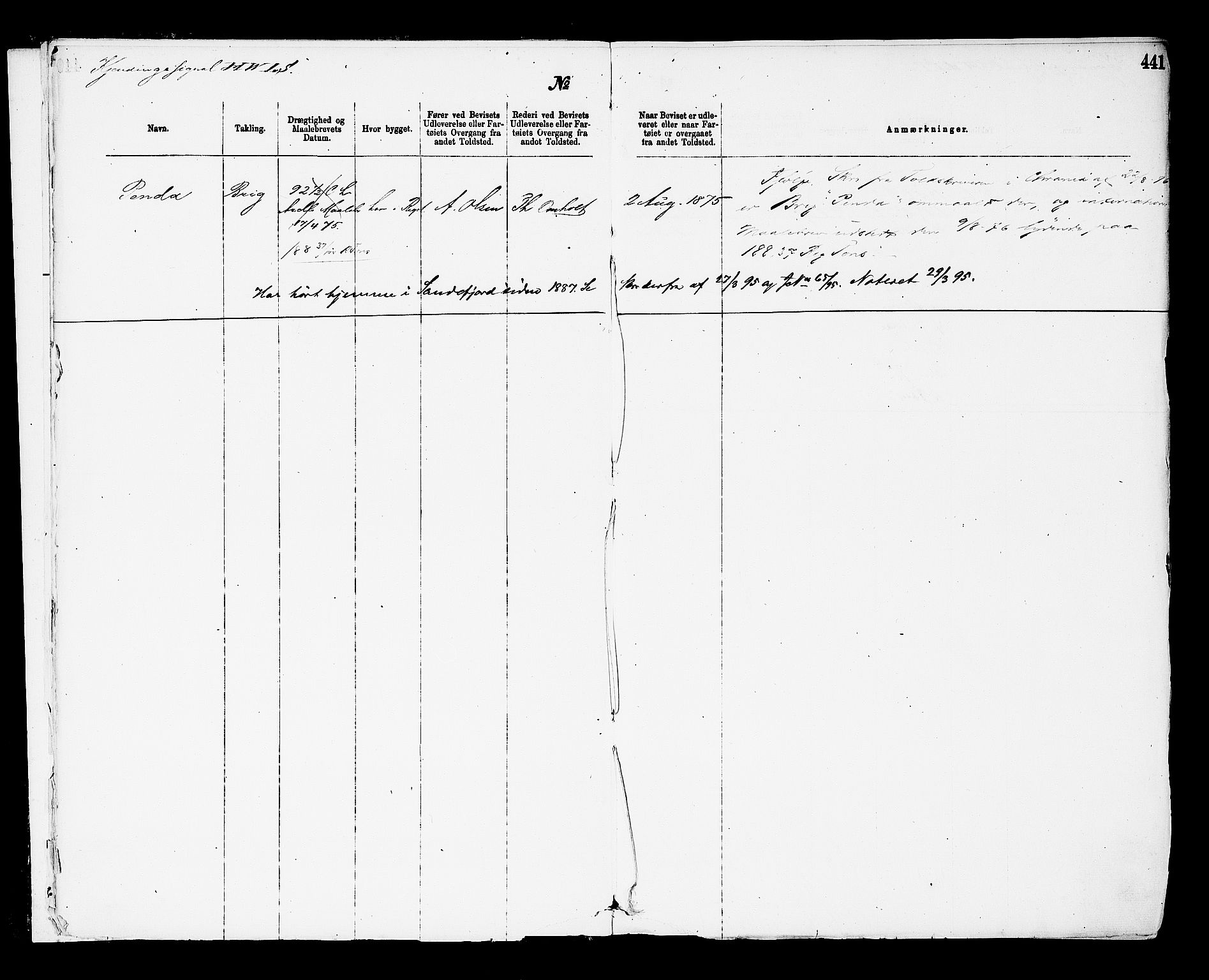 Arendal tollsted, AV/SAK-1351-0003/H/Ha/L0643: Protokoll over utleverte nasjonalitetsbevis, 1875-1892, p. 441