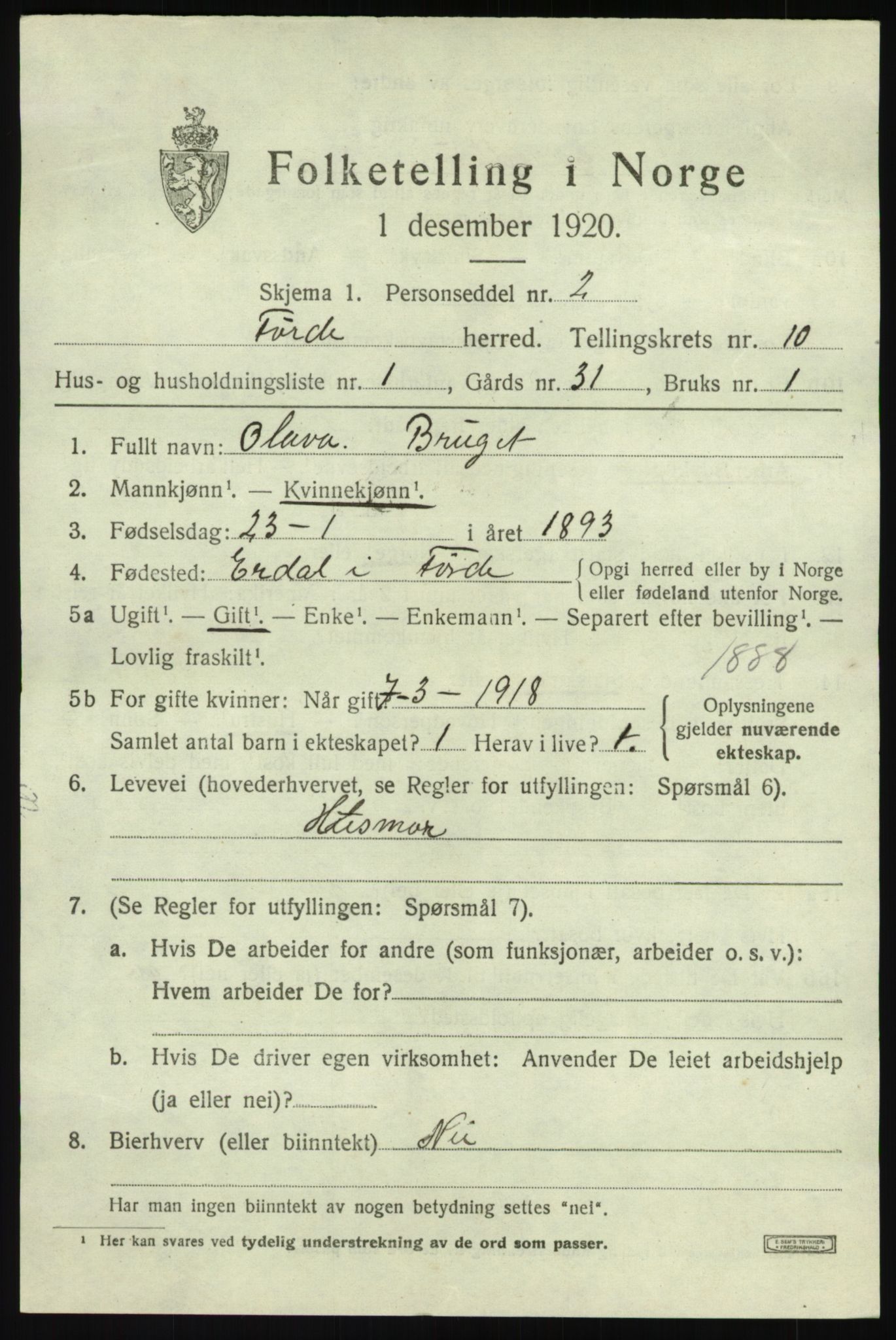 SAB, 1920 census for Førde, 1920, p. 3648