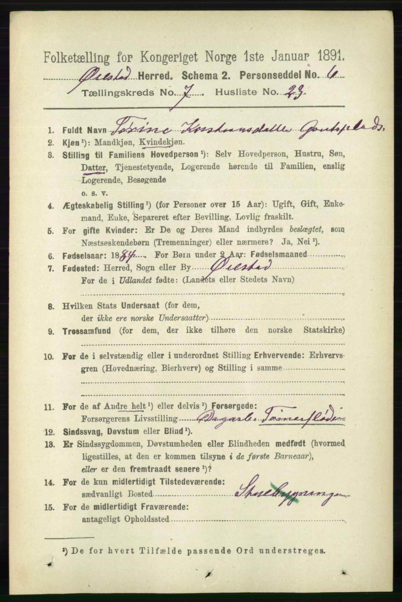 RA, 1891 census for 0920 Øyestad, 1891, p. 2795