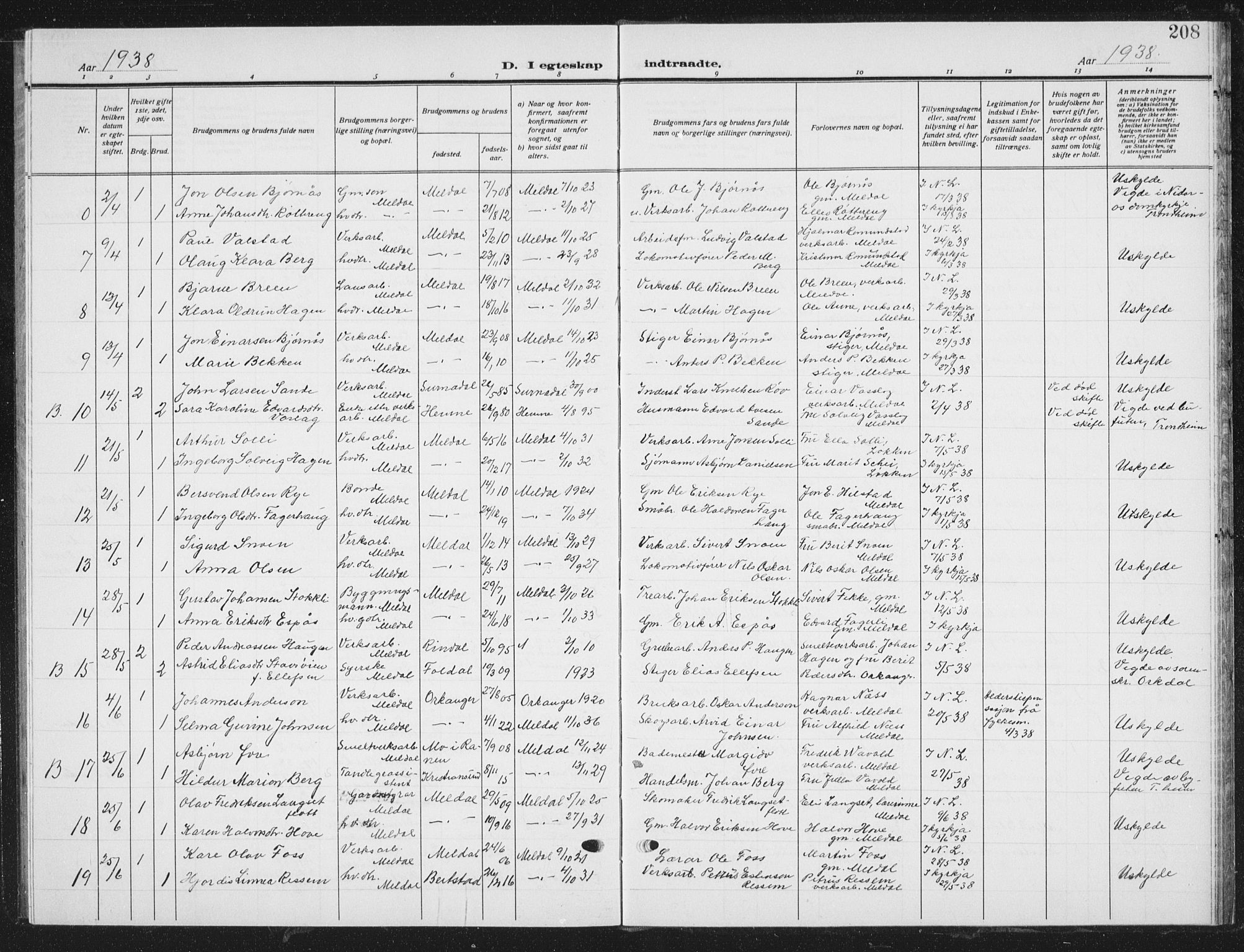 Ministerialprotokoller, klokkerbøker og fødselsregistre - Sør-Trøndelag, SAT/A-1456/672/L0866: Parish register (copy) no. 672C05, 1929-1939, p. 208