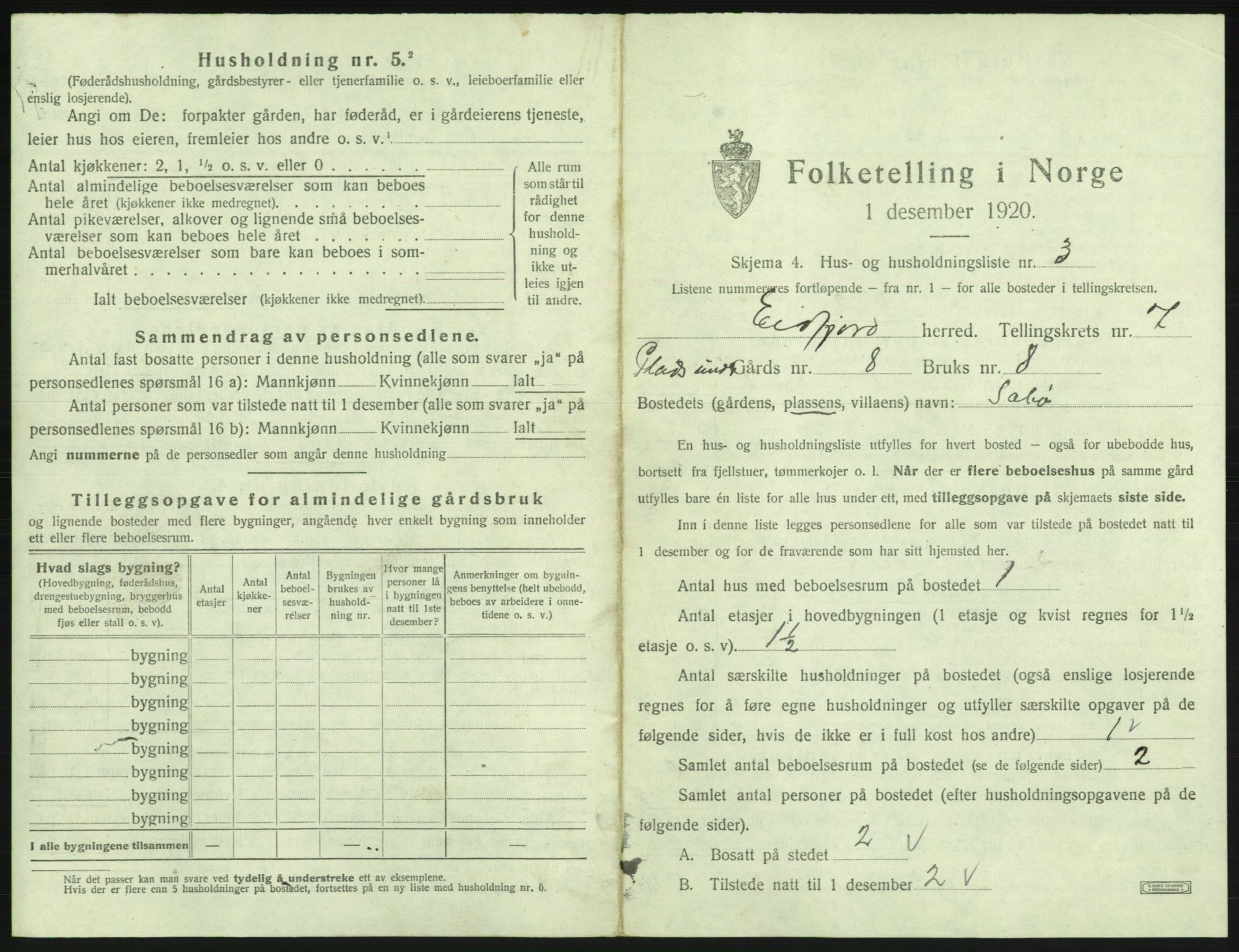 SAB, 1920 census for Eidfjord, 1920, p. 412