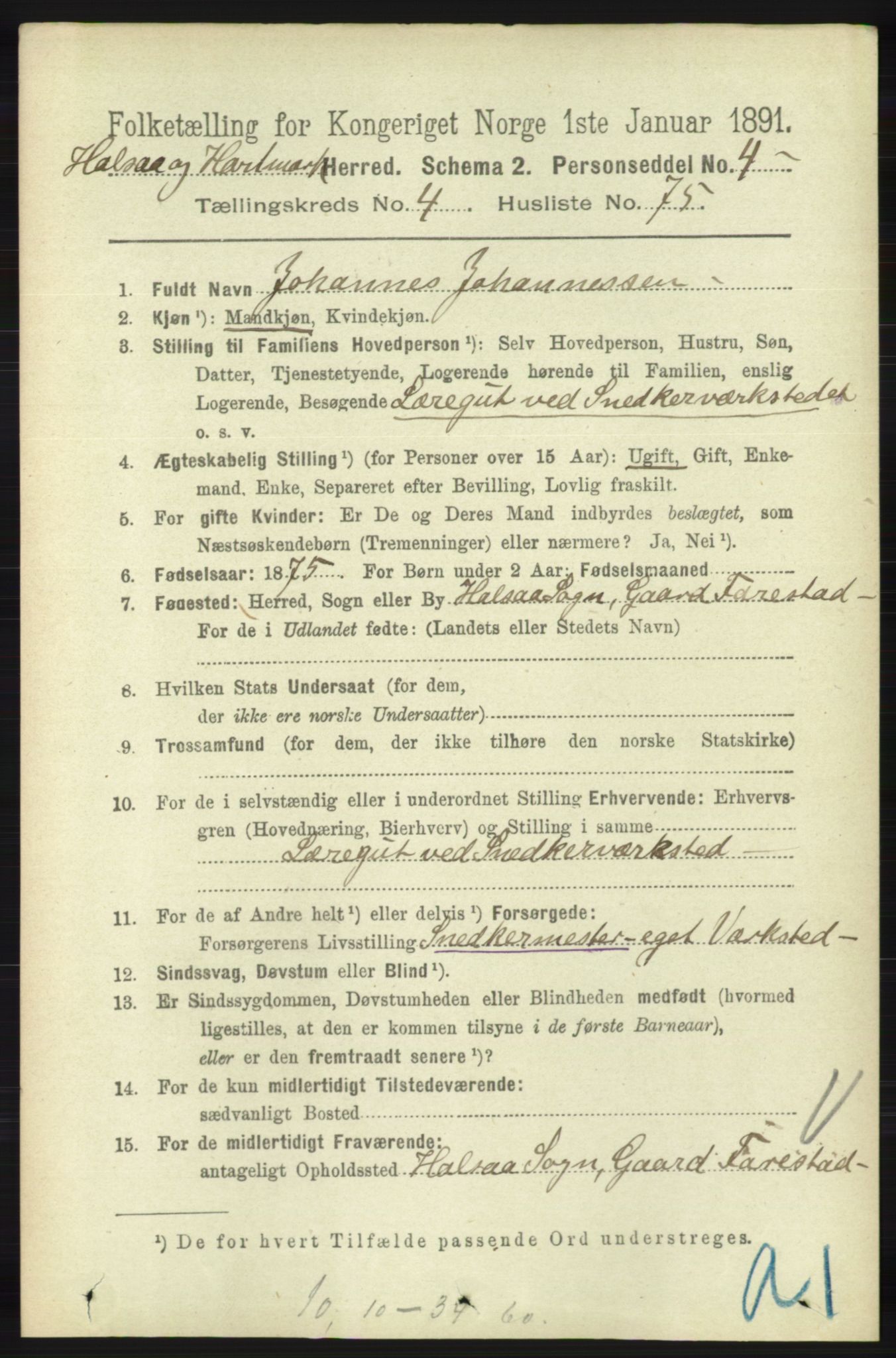 RA, 1891 census for 1019 Halse og Harkmark, 1891, p. 1920