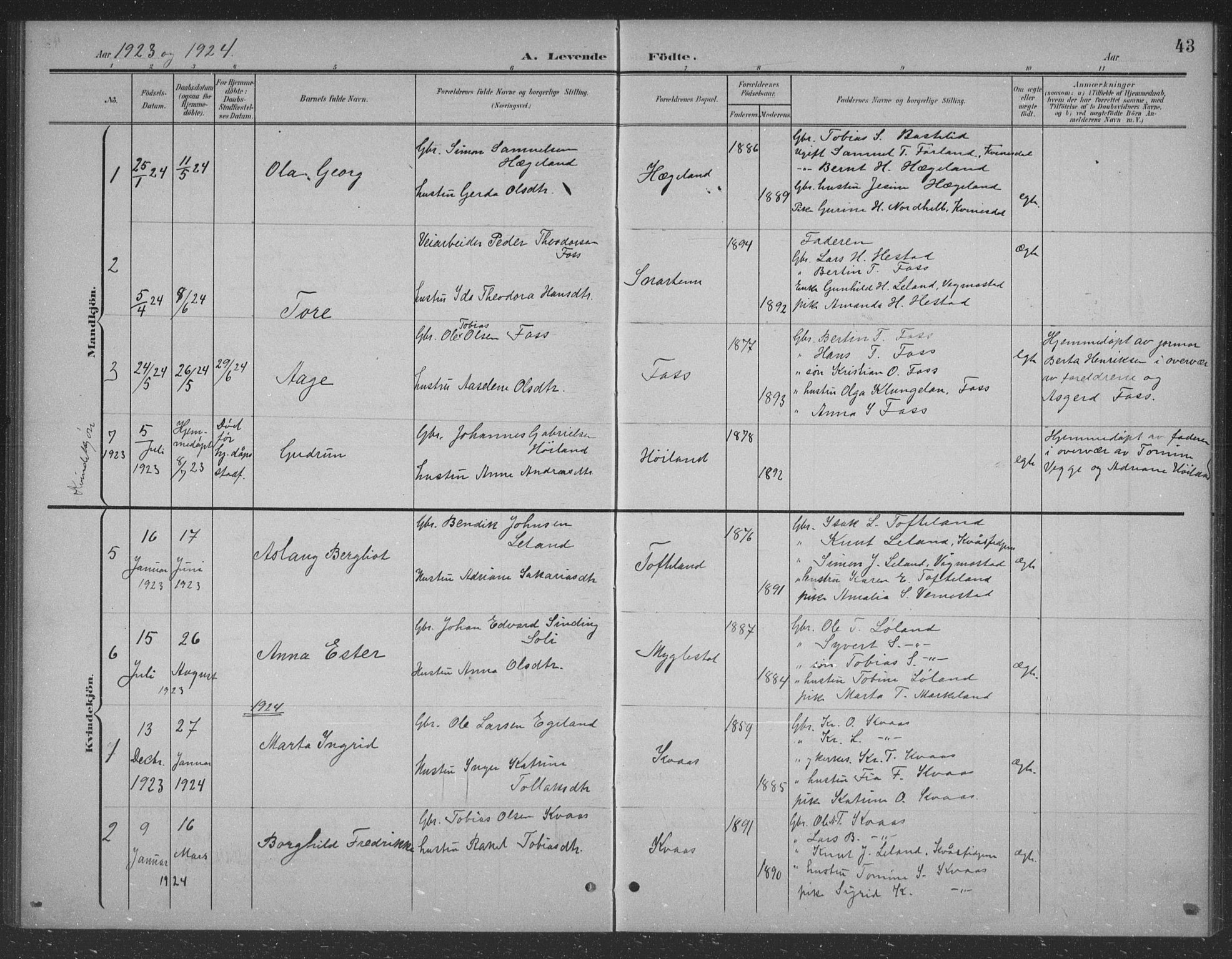 Lyngdal sokneprestkontor, SAK/1111-0029/F/Fb/Fbb/L0002: Parish register (copy) no. B 2, 1901-1934, p. 43