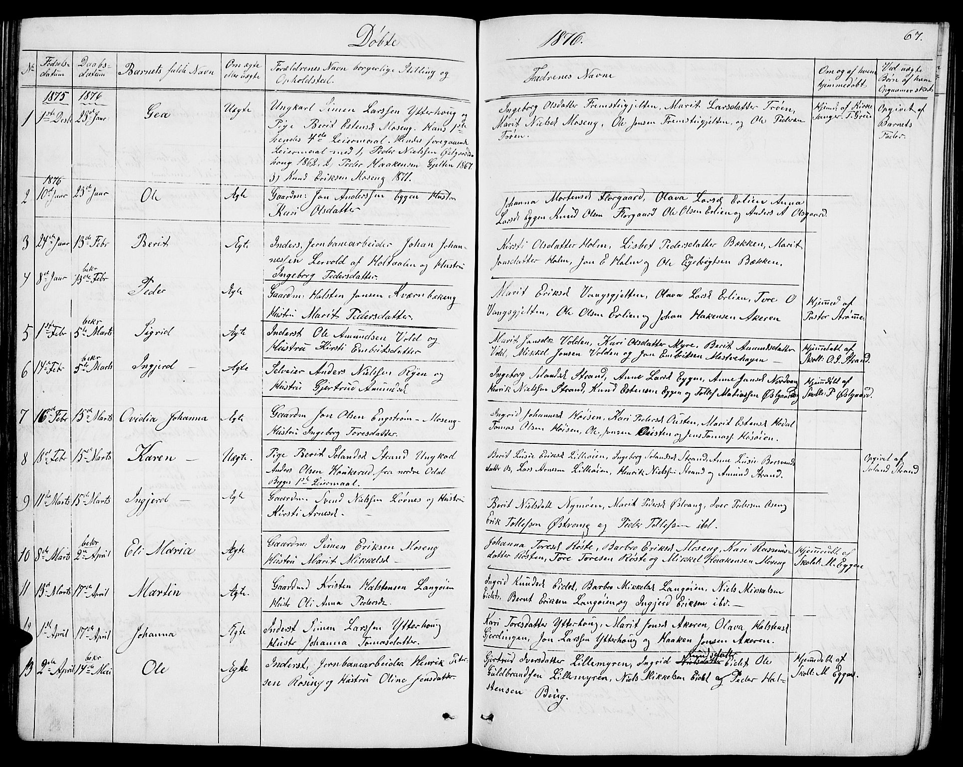 Tolga prestekontor, AV/SAH-PREST-062/L/L0004: Parish register (copy) no. 4, 1845-1887, p. 67