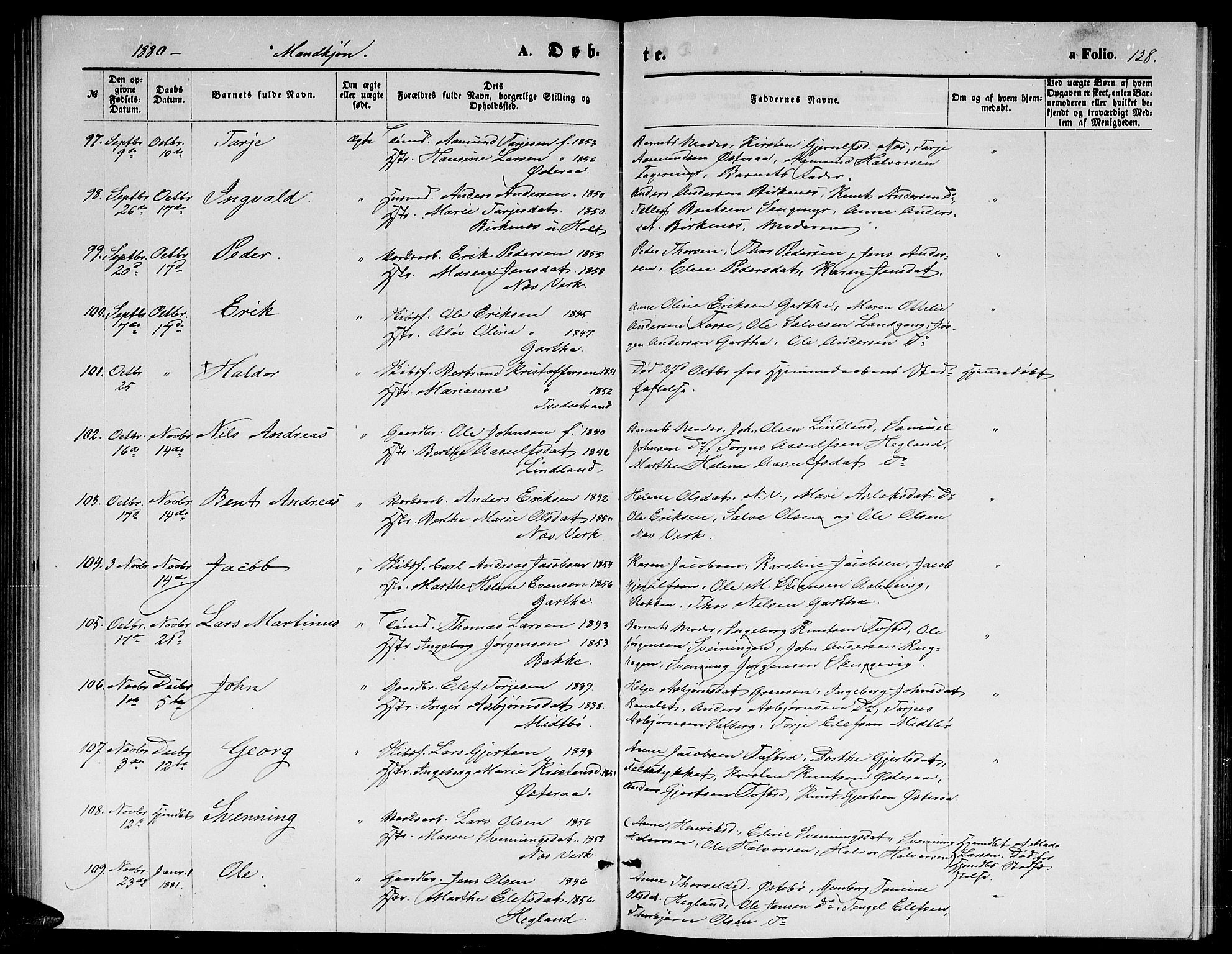 Holt sokneprestkontor, AV/SAK-1111-0021/F/Fb/L0009: Parish register (copy) no. B 9, 1871-1883, p. 128