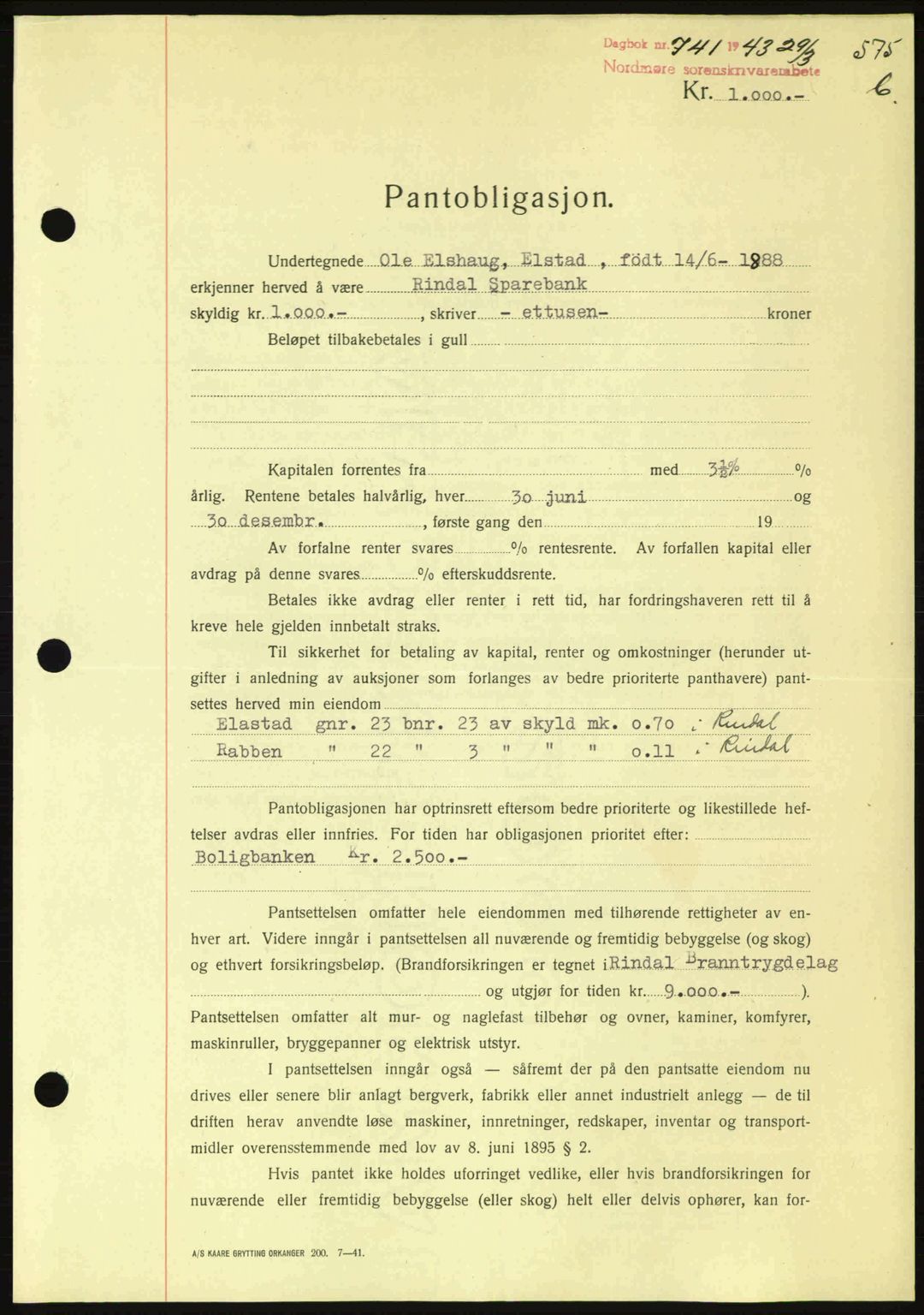 Nordmøre sorenskriveri, AV/SAT-A-4132/1/2/2Ca: Mortgage book no. B90, 1942-1943, Diary no: : 741/1943