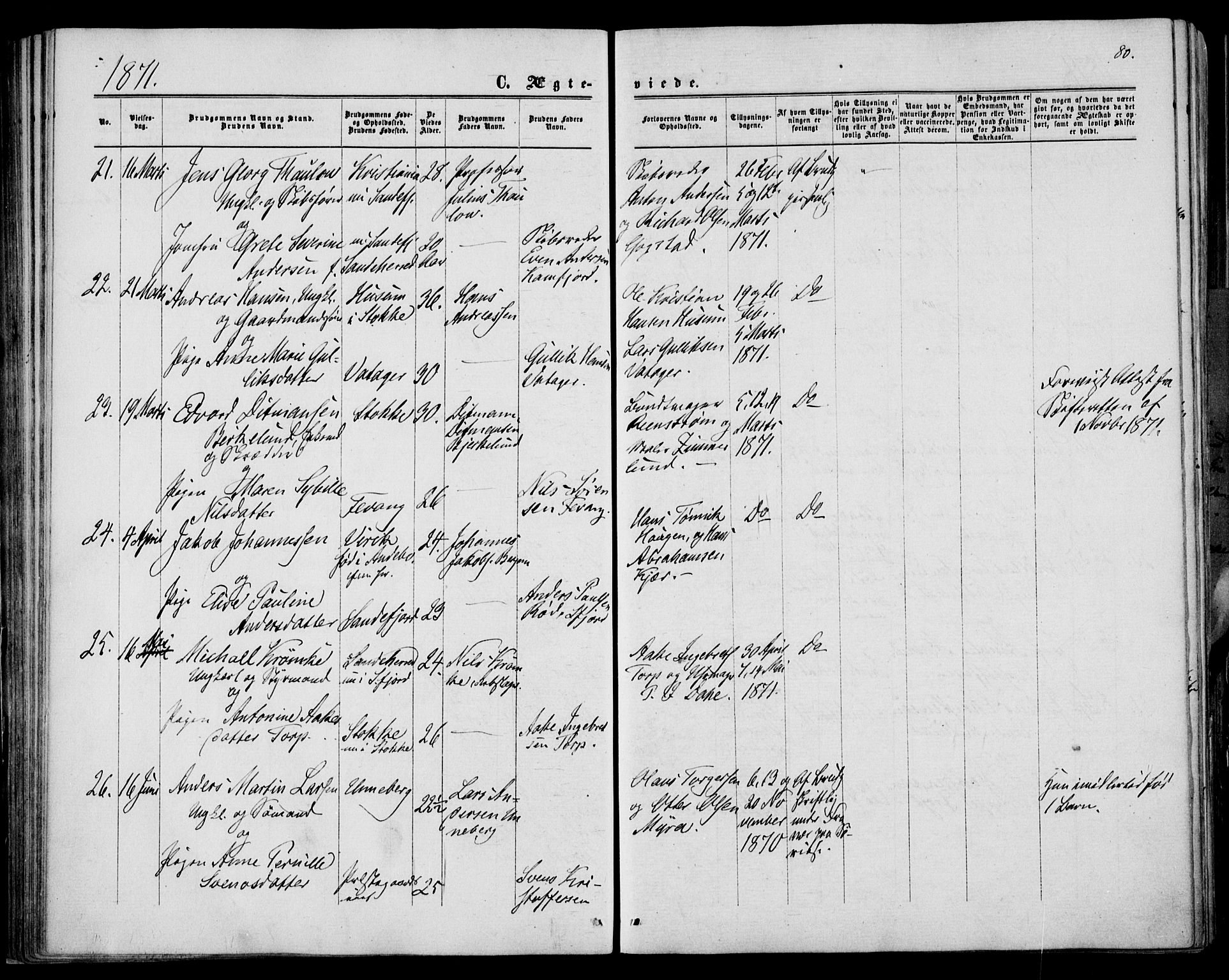 Sandar kirkebøker, AV/SAKO-A-243/F/Fa/L0009: Parish register (official) no. 9, 1862-1871, p. 80