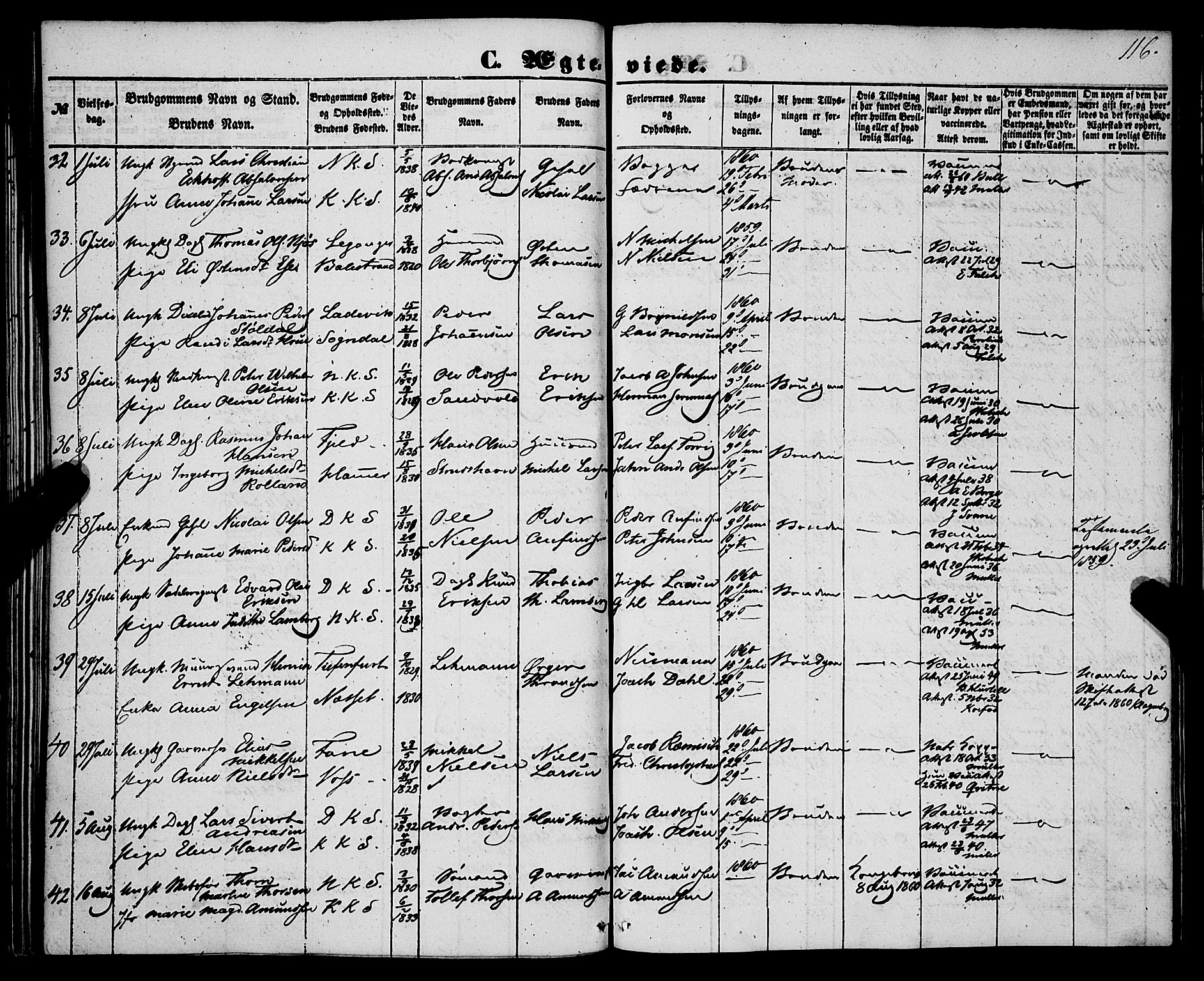 Korskirken sokneprestembete, AV/SAB-A-76101/H/Haa/L0035: Parish register (official) no. D 2, 1852-1867, p. 116