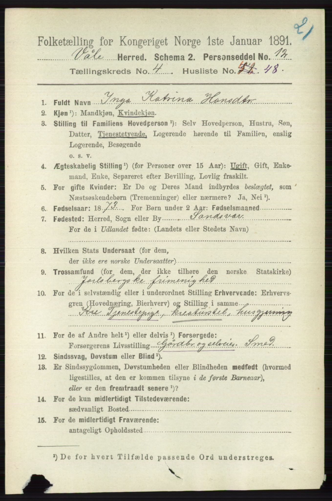 RA, 1891 census for 0716 Våle, 1891, p. 1296