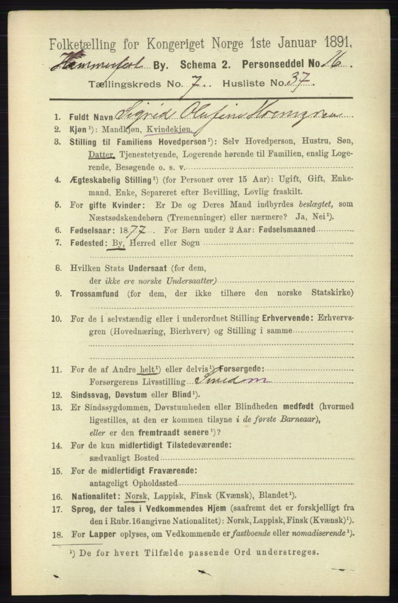 RA, 1891 census for 2001 Hammerfest, 1891, p. 2765