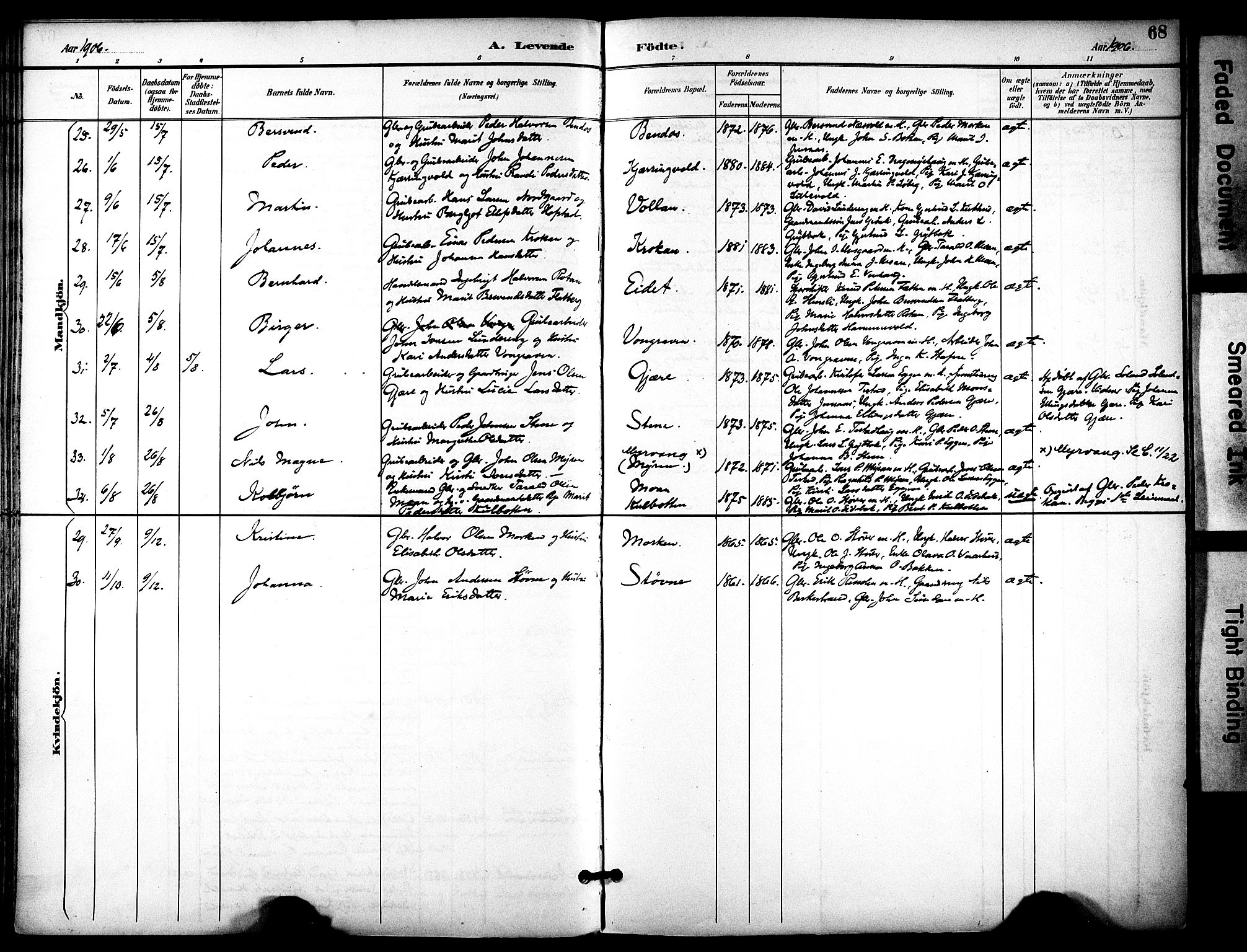 Ministerialprotokoller, klokkerbøker og fødselsregistre - Sør-Trøndelag, AV/SAT-A-1456/686/L0984: Parish register (official) no. 686A02, 1891-1906, p. 68